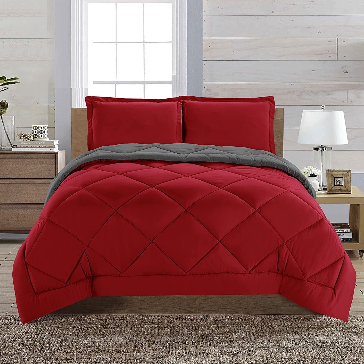 Hypoallergenic Cloud Reversible 3pc Comforter Set- Available In A Few Sizes And Colors , Full/Queen, Red/Gray - All-Season Down Alternative Comforter Insert - Default Title