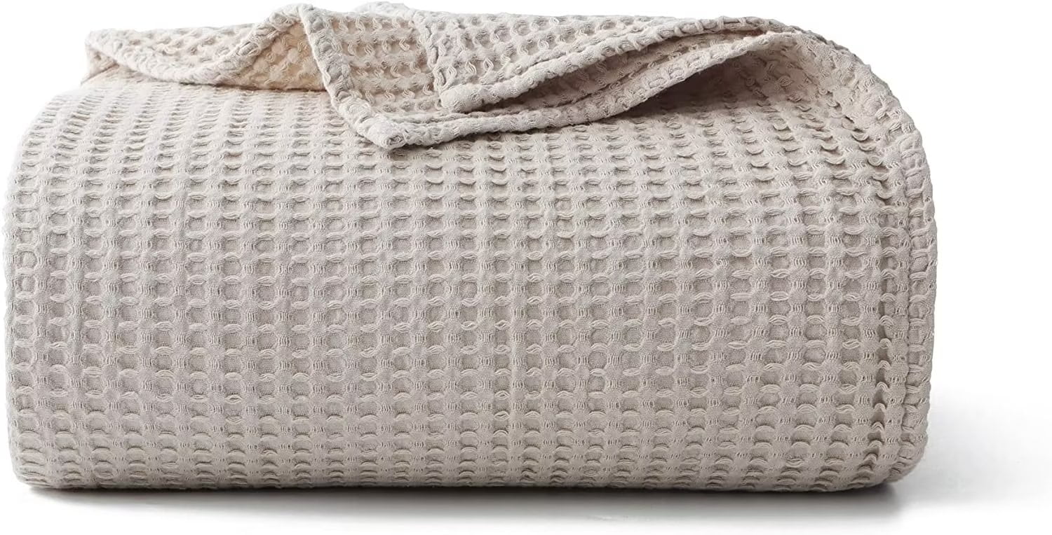 Reversible Sherpa 100% Cotton Waffle Bed Blanket King Size, Throw Blanket for Couch All Seasons (Beige, 104x90) - Cozy Fleece Throw Blanket for Couch & Bed - Default Title