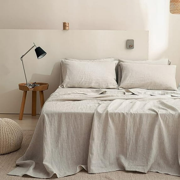 Ultra-Soft 100% Linen Sheet Set Solid Color-4 Pcs Washed French Linen Bed Sheets(1 Flat Sheet,1 Fitted Sheet,2 Pillowcases)-Brea... - Cooling Hotel Quality Bedding Sheets and Pillowcases - Default Title