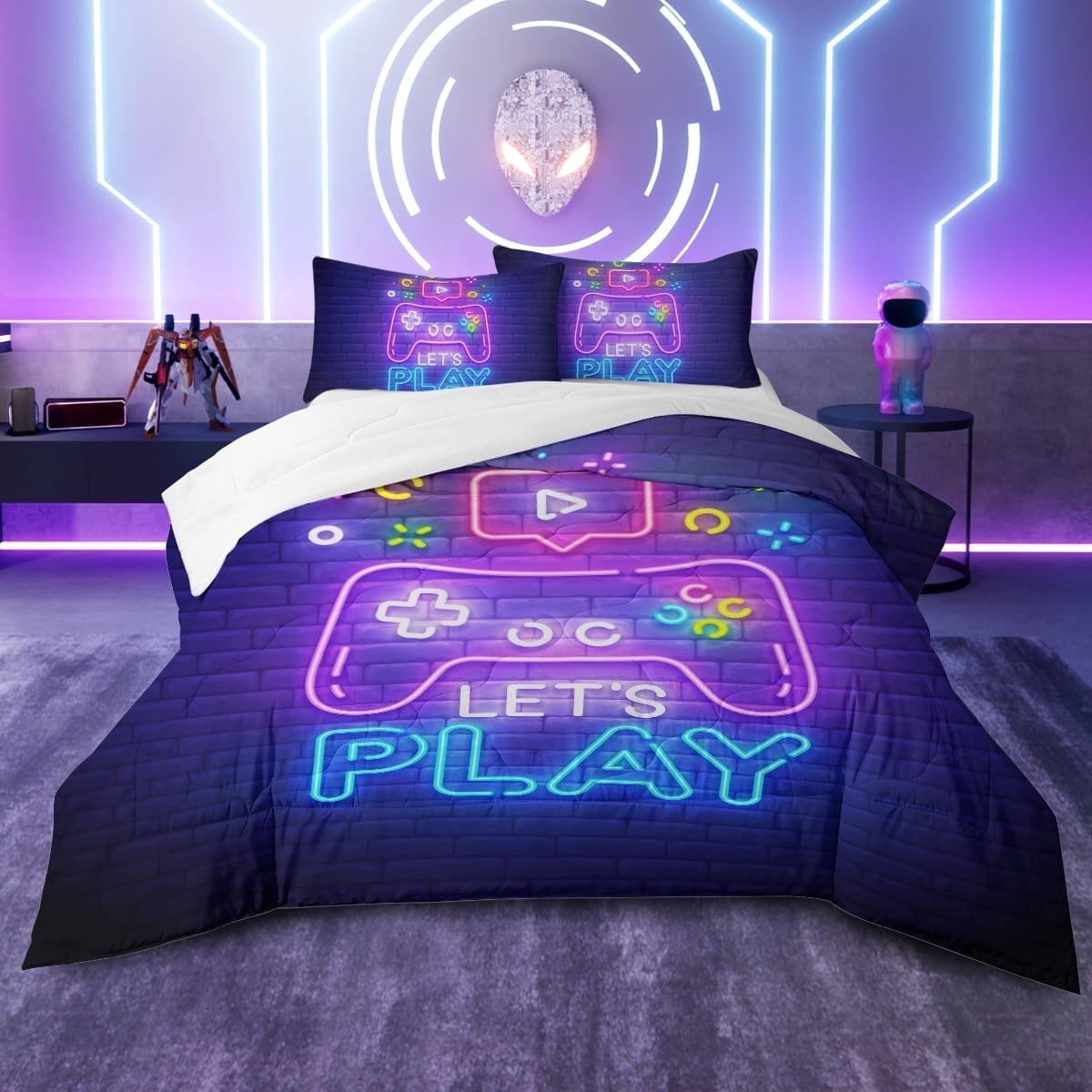 Fluffy Down Alternative Gaming Comforter Set for Boys, 3-Piece Abstract Neon Kids Bedding Sets Twin Size - Cloud-Like Soft Lightweight Bed Comforter - Default Title