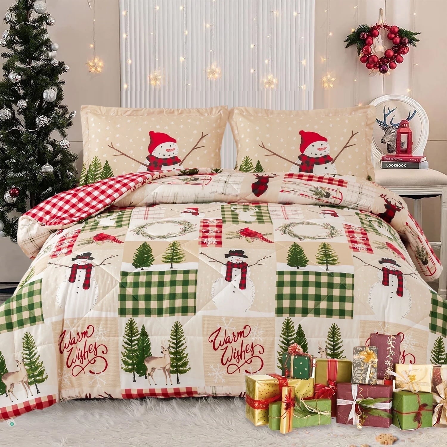 Hypoallergenic Cloud 3 Pcs Christmas Comforter Set, Bed in a Bag Wreath Snowman Queen/Full Size Xmas Bedding Set Fitted Pillowcases for Adult - Hypoallergenic Ultra-Fluffy Quilt for Winter - Default Title