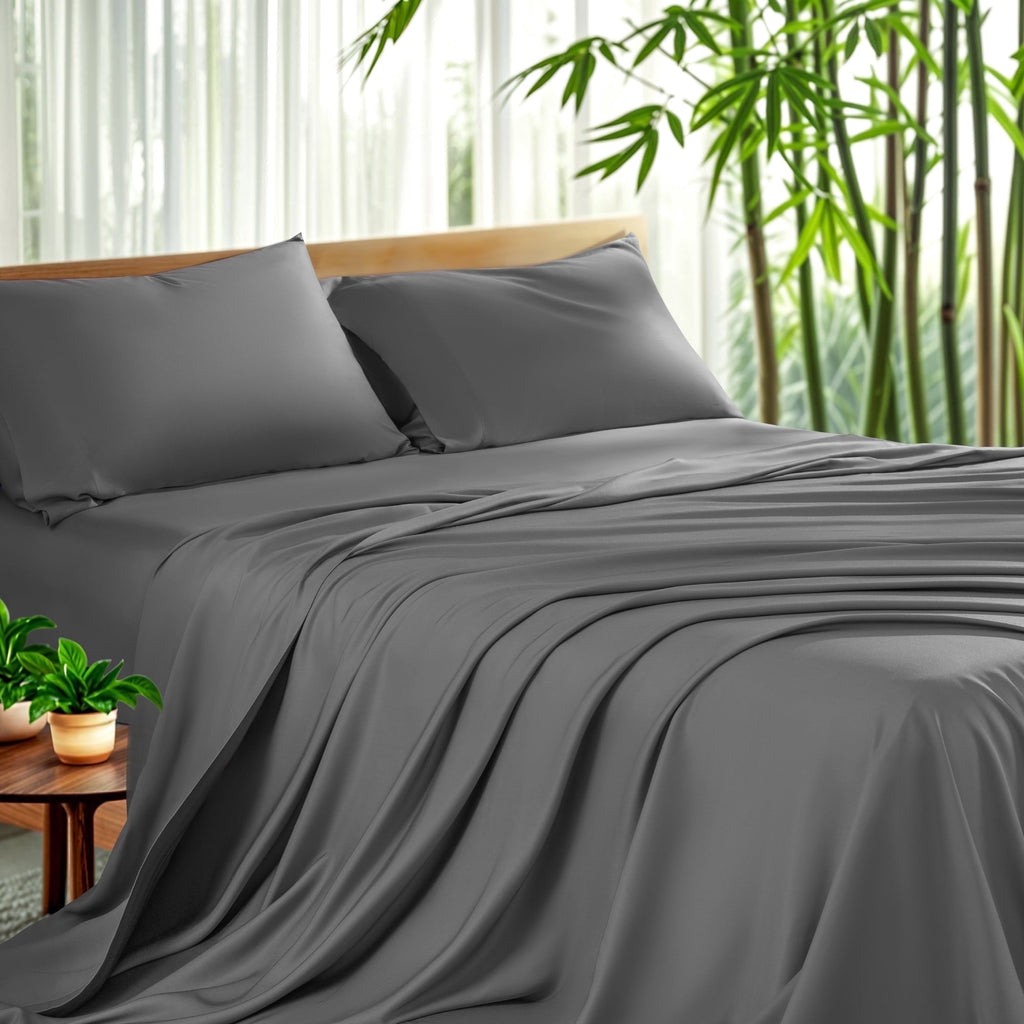 Cooling Sateen Luxury Bamboo Bed Sheet Set - Deep Pockets - 4 Piece, Queen, Dark Gray - Premium Ultra-Soft Pillowcase Pair for Sleeping - Default Title