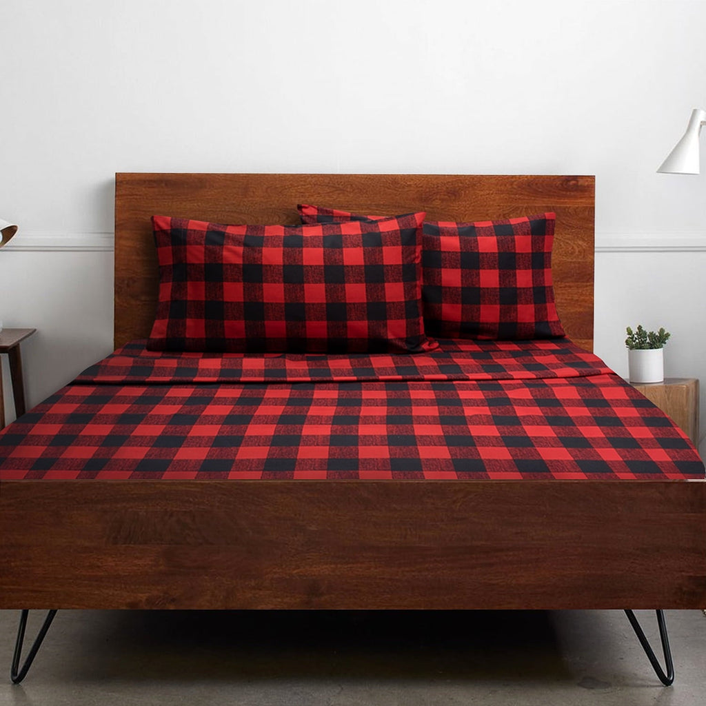 Breathable Luxury Buffalo Plaid Black and Red 4 Piece Bed Sheet Set - Twin - Cooling Hotel Quality Bedding Sheets and Pillowcases - Default Title