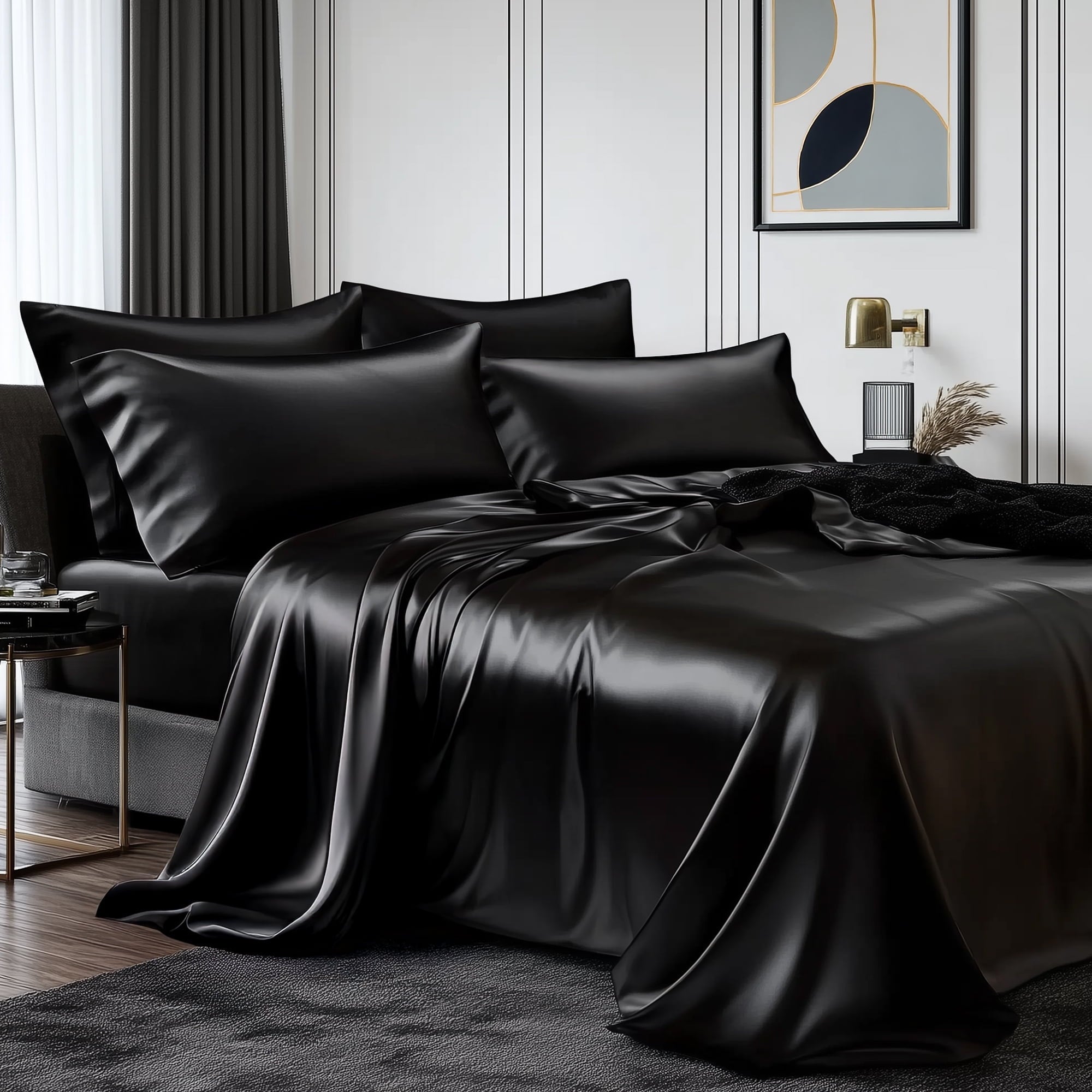 Ultra-Soft Queen Silk Black Bed Sheet Set,4 Pieces 1800 Microfiber 2 Pillowcase 20"x30" - Breathable Egyptian Cotton Flat & Fitted Sheets - Default Title