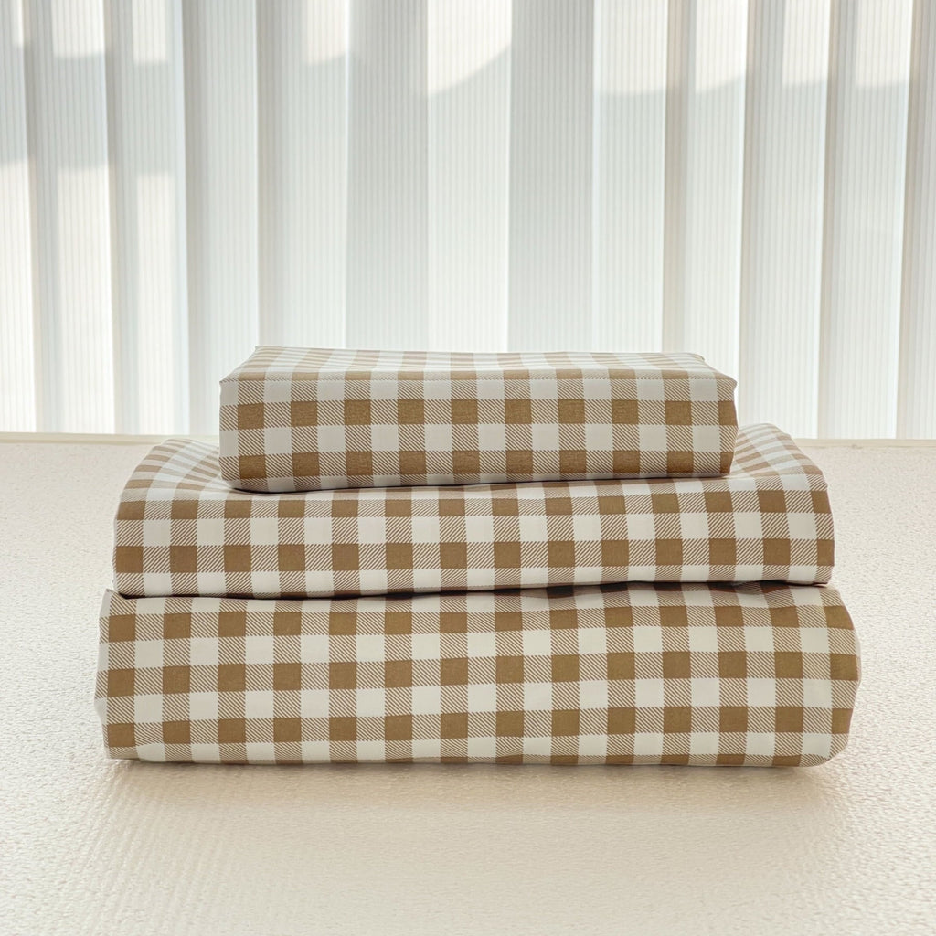 Wrinkle-Resistant Sheet Set, Soft Brushed Microfiber Taupe Plaid Sheets, 4-Piece Brown Grid Set with Deep Pocket - Breathable Egyptian Cotton Flat & Fitted Sheets - Default Title