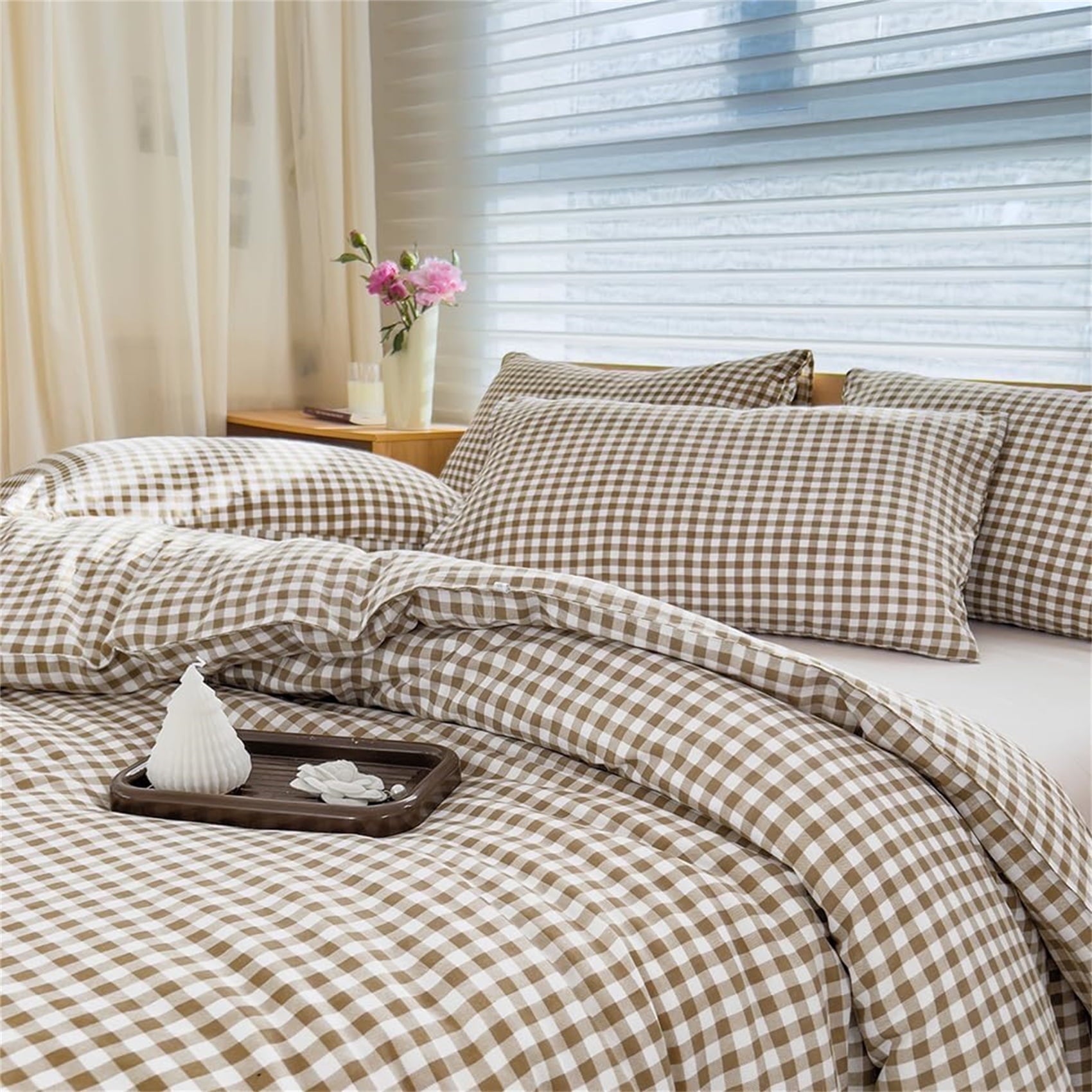 Luxurious Quilted Tan Gingham Queen Comforter Set, Taupe Plaid Bedding Set, Checked Bed Comforter 3 Pieces(Tan Gingham, Queen) - Cloud-Like Soft Lightweight Bed Comforter - Default Title