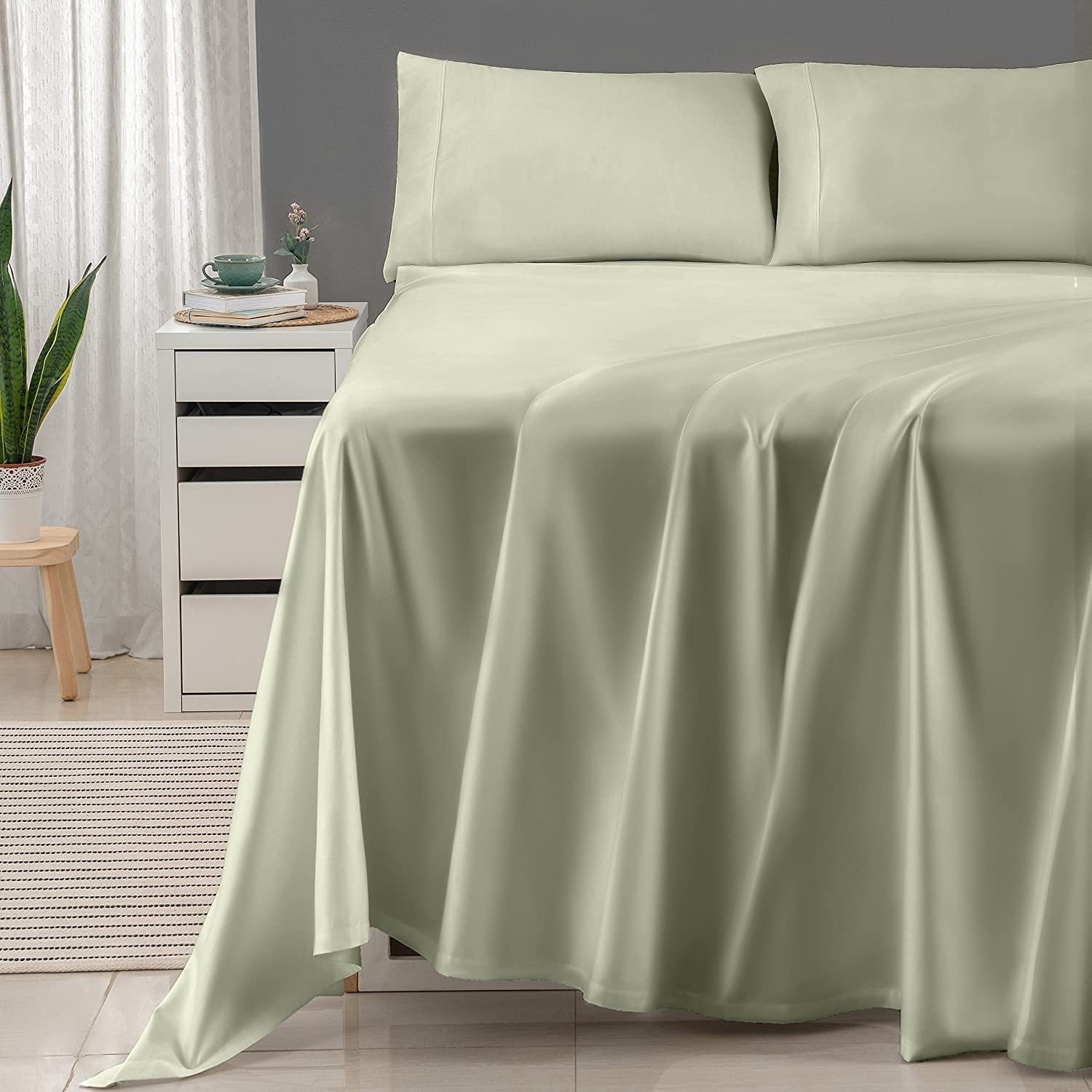 Wrinkle-Resistant 600 Thread Count 4-Piece Queen Bed Sheet Set, Sateen Weave, Sage Green - Breathable Egyptian Cotton Flat & Fitted Sheets - Default Title