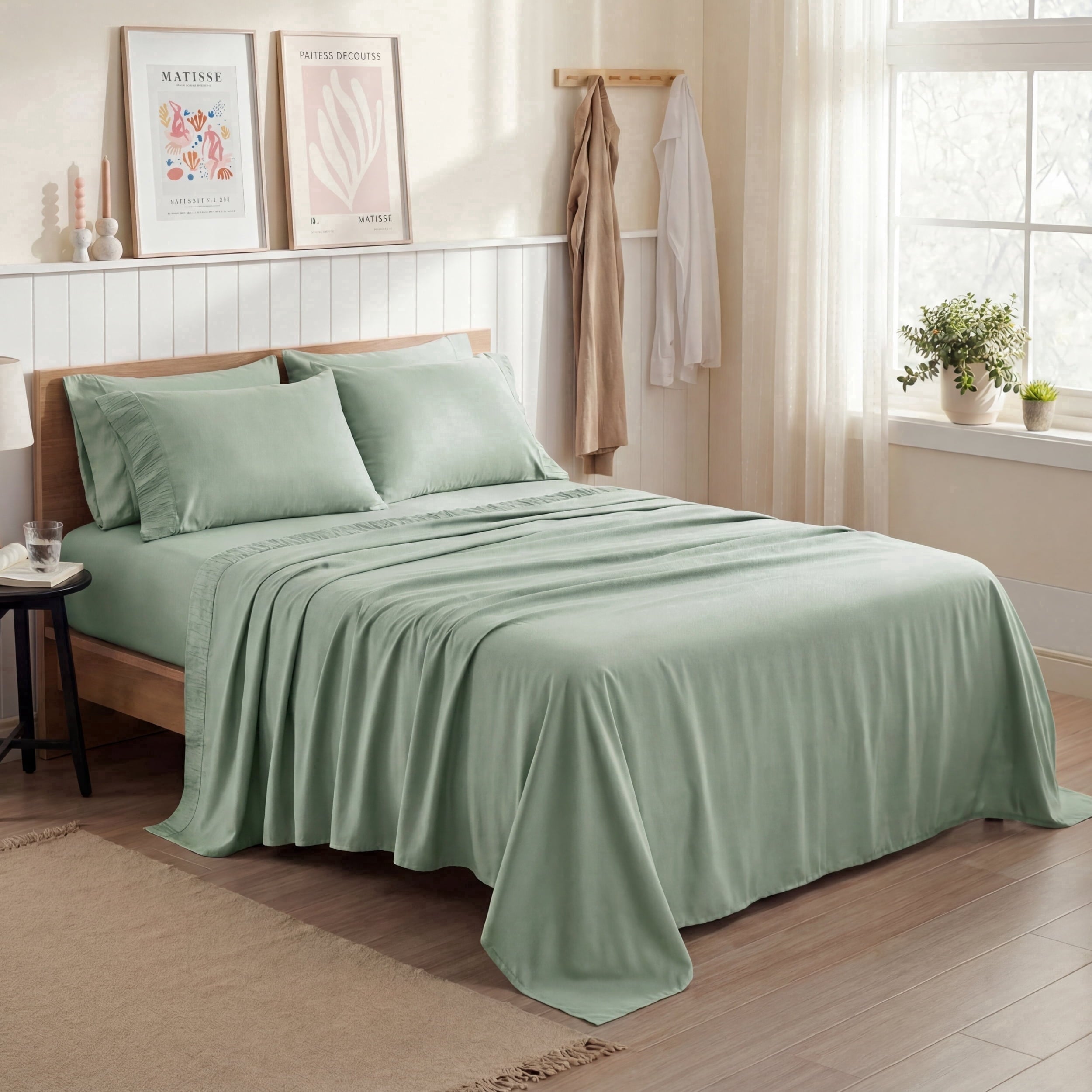 Cooling Sateen Queen Sheets Set, 4 Pieces Deep Pockets Cooling Soft Polyester Microfiber Bed Sheets Set, Sea Foam Green - Cooling Hotel Quality Bedding Sheets and Pillowcases - Default Title