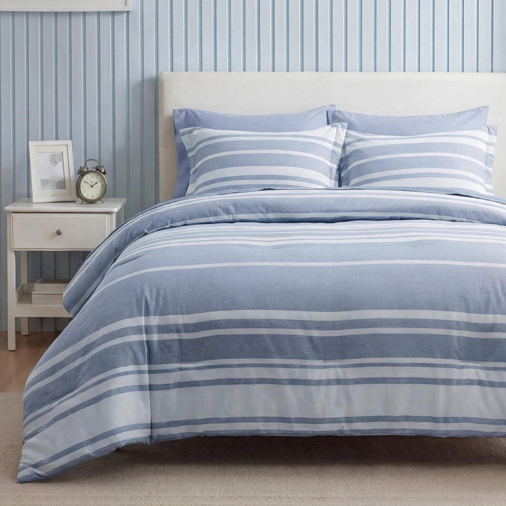 Heavyweight Warmth Queen Comforter Set Blue, Bed in a Bag Queen Size Bedding 7-Pieces, Striped Bedding Set for All Seasons - All-Season Down Alternative Comforter Insert - Default Title