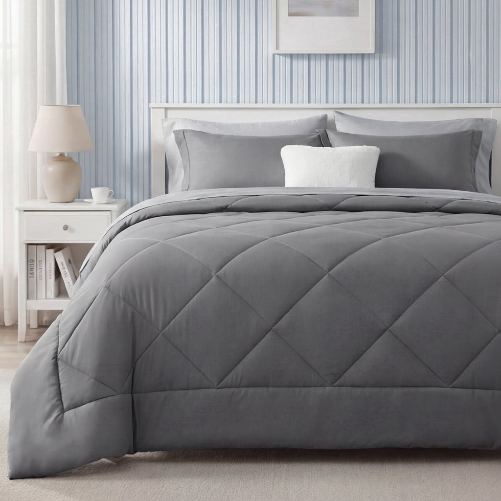 Luxurious Quilted Queen Reversible Comforter Set - 7 Pieces Grey Bedding, Bed in a Bag with Alternative Comforter, Sheets, Pillowcases ... - Hypoallergenic Ultra-Fluffy Quilt for Winter - Default Title