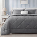 Luxurious Quilted Queen Reversible Comforter Set - 7 Pieces Grey Bedding, Bed in a Bag with Alternative Comforter, Sheets, Pillowcases ... - Hypoallergenic Ultra-Fluffy Quilt for Winter - Default Title