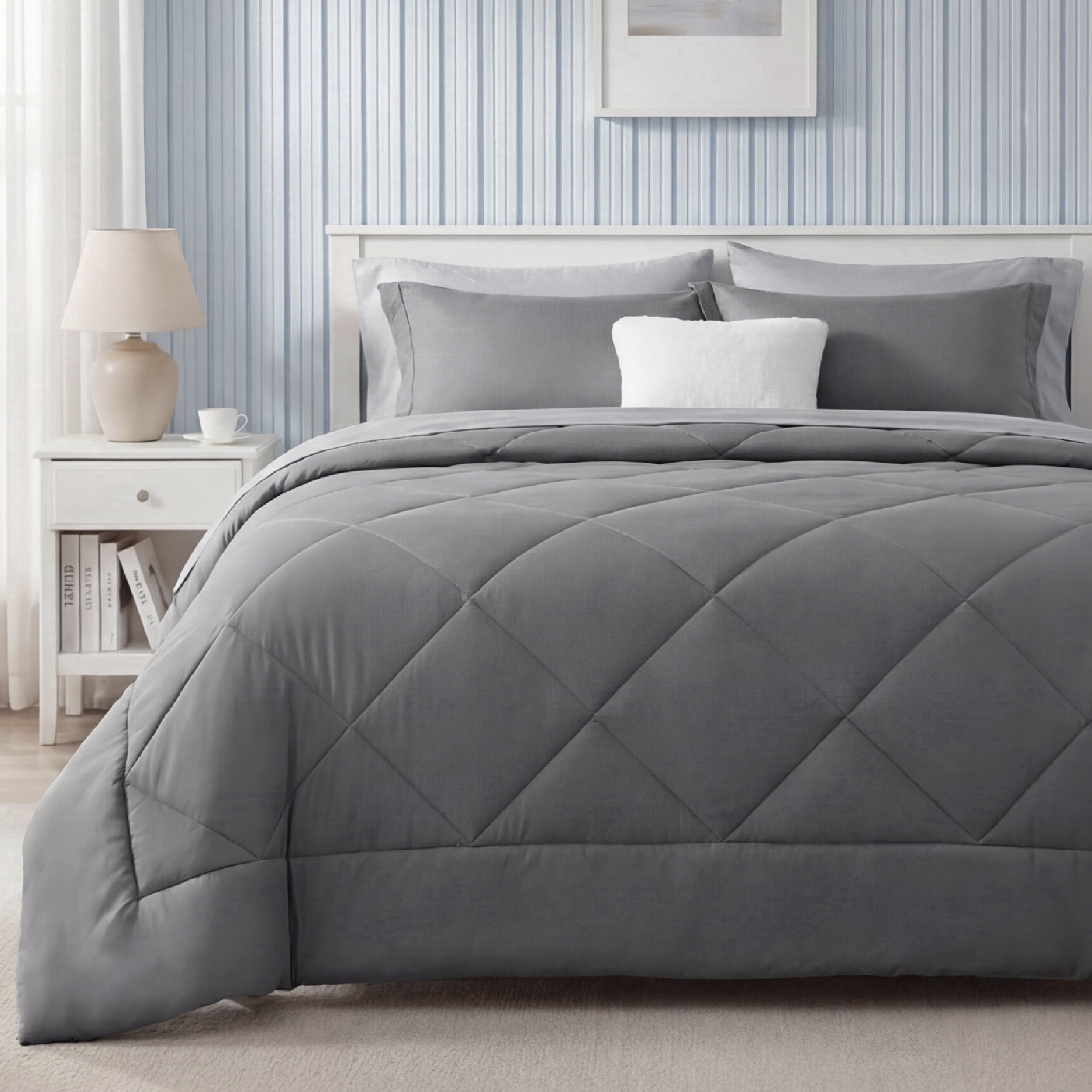Luxurious Quilted Queen Reversible Comforter Set - 7 Pieces Grey Bedding, Bed in a Bag with Alternative Comforter, Sheets, Pillowcases ... - Hypoallergenic Ultra-Fluffy Quilt for Winter - Default Title