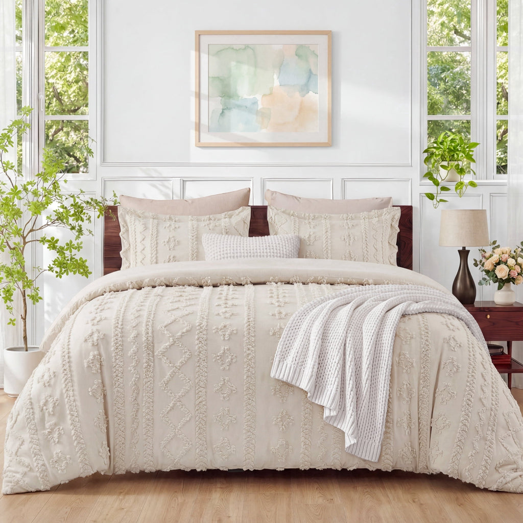 Heavyweight Warmth Tufted Boho Comforter Set Queen, Beige, 3 Pieces Farmhouse Shabby Chic Embroidery Bedding Set, Soft Jacquard Comforte... - All-Season Down Alternative Comforter Insert - Default Title