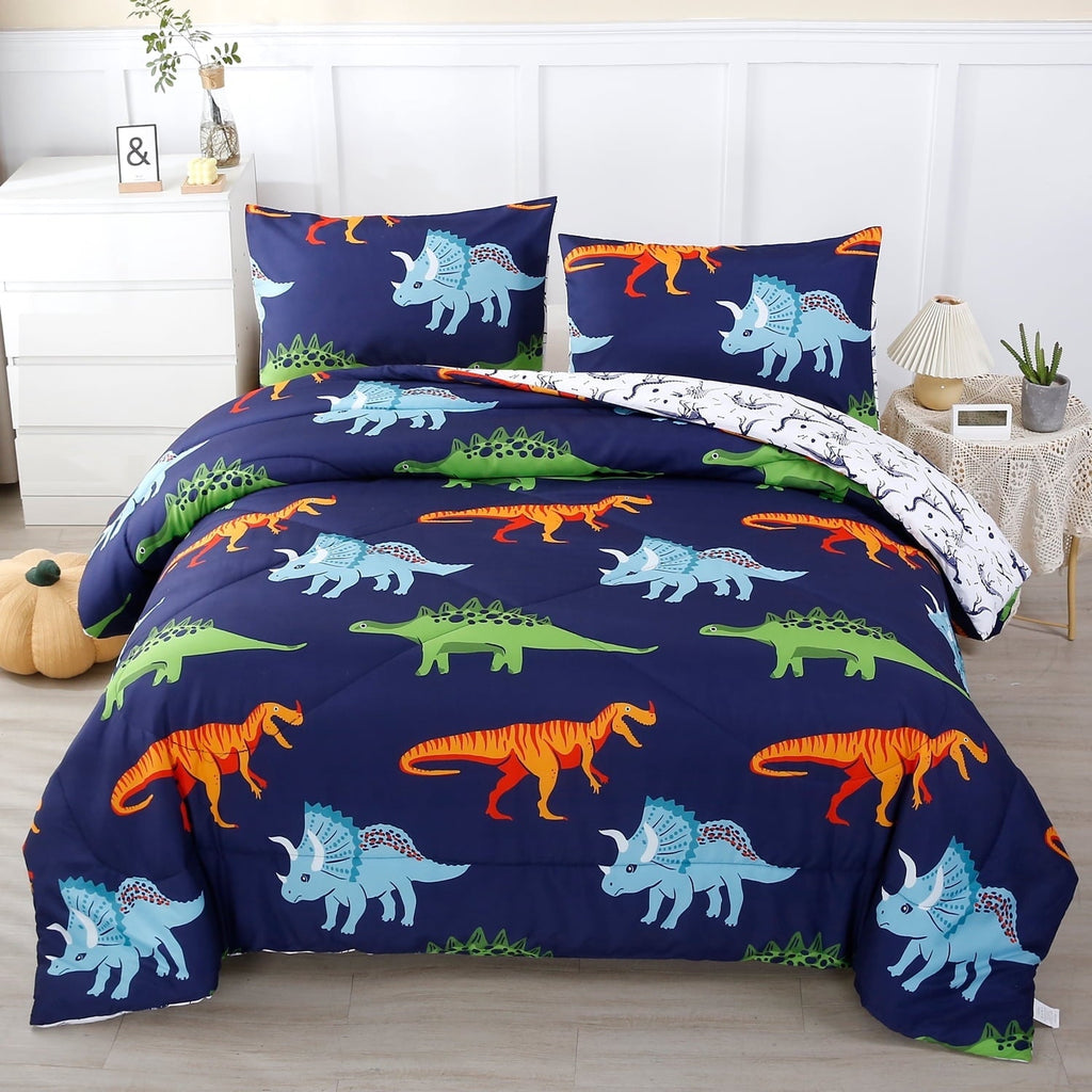 Hypoallergenic Cloud 3 Pcs Dinosaur Twin Size Bedding Sets for Boys, Dinosaur Printing Boys Comforter Set, Blue and White Reversible Bed C... - Cloud-Like Soft Lightweight Bed Comforter - Default Title