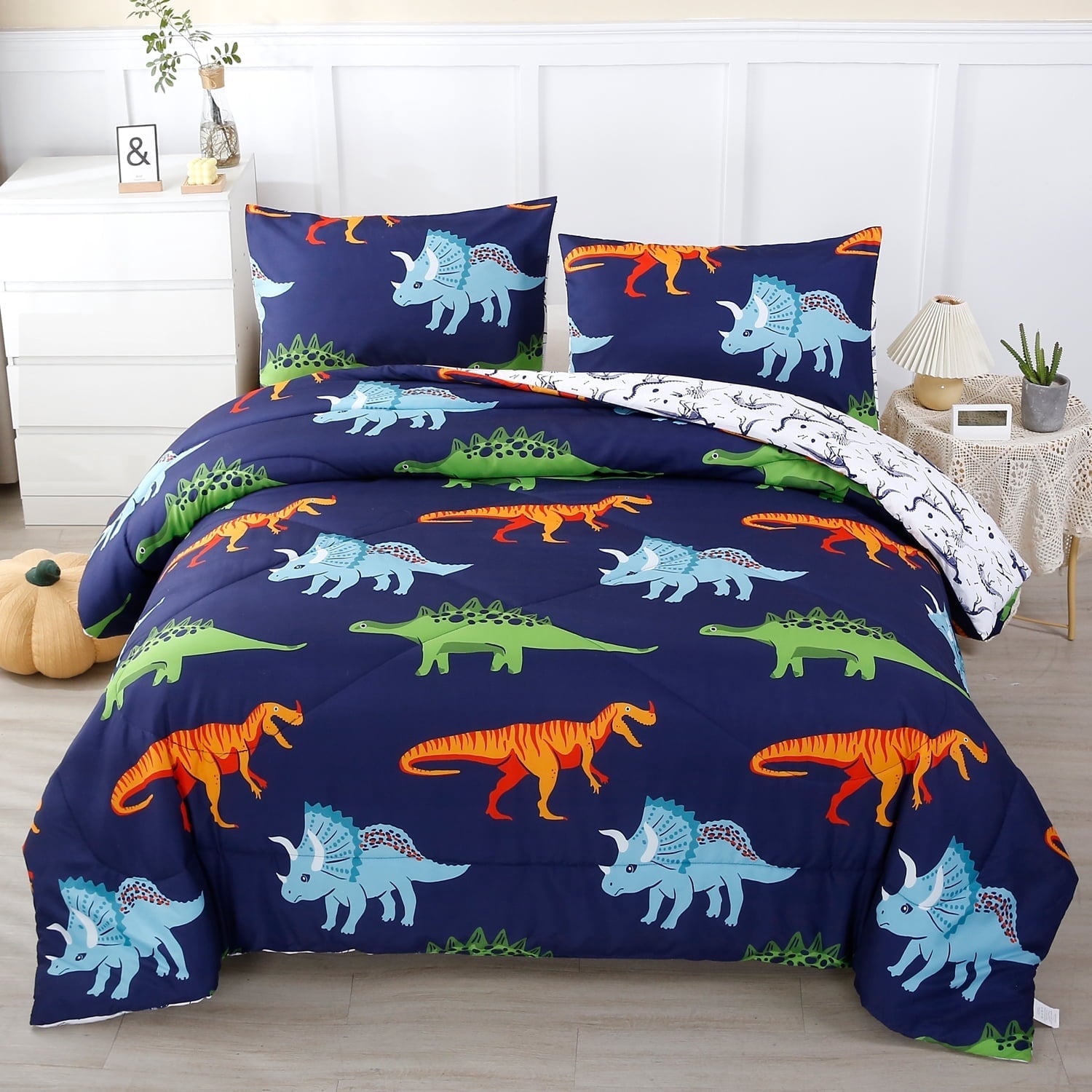 Hypoallergenic Cloud 3 Pcs Dinosaur Twin Size Bedding Sets for Boys, Dinosaur Printing Boys Comforter Set, Blue and White Reversible Bed C... - Cloud-Like Soft Lightweight Bed Comforter - Default Title