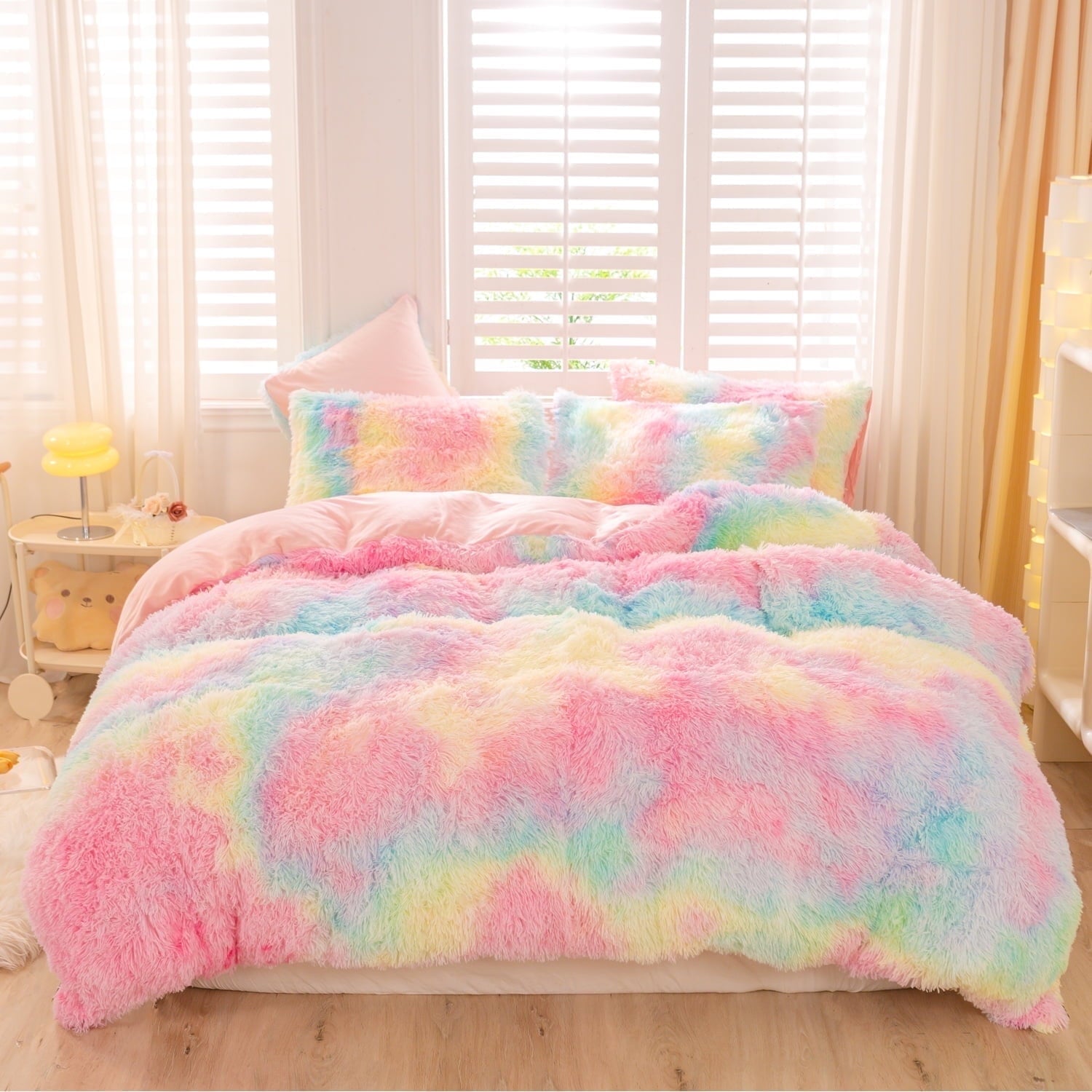 Hypoallergenic Cloud 3Pcs Pink Faux Fur Twin Comforter Set for Girls Tie Dye Rainbow Kid Bed Set Plush Shaggy Bedding Sets Fuzzy Bed Comfo... - All-Season Down Alternative Comforter Insert - Default Title