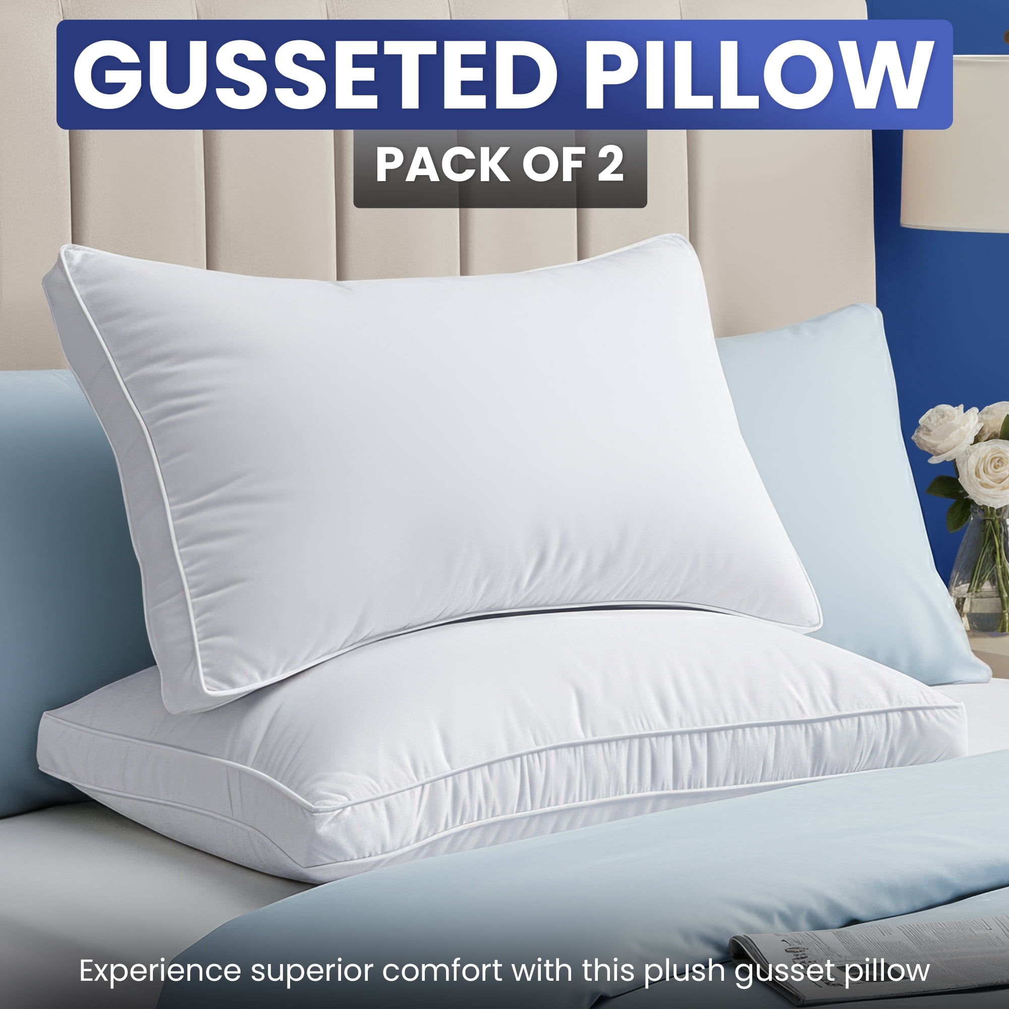 Orthopedic Support Queen Bed Pillow, 26"L x 18" W, Set of 2, Soft and High-Quality, Gusseted Pillow for All Sleep Positions (White) - Ergonomic Memory Foam Pillow for Neck Pain Support - Default Title