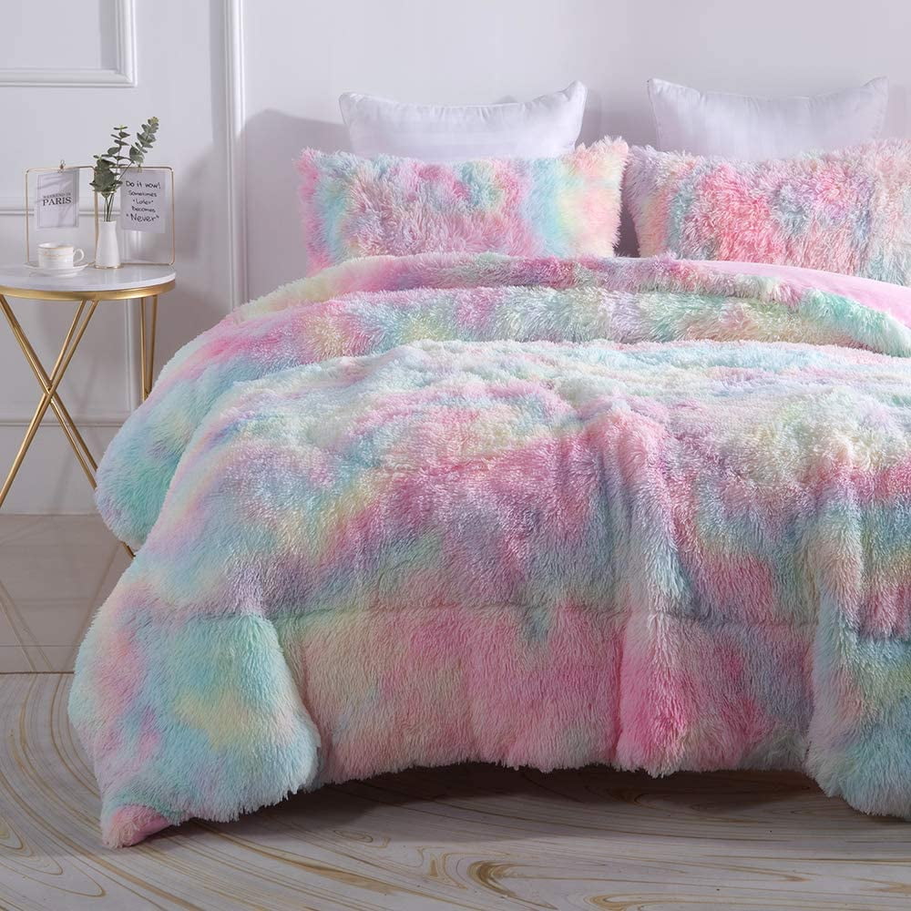 All-Season Plush Shaggy Comforter Set Fluffy Fuzzy Faux Fur Bedding Set - Microfiber Soft Warm Quilt Set(Rainbow Pink,Queen Size) - Cloud-Like Soft Lightweight Bed Comforter - Default Title
