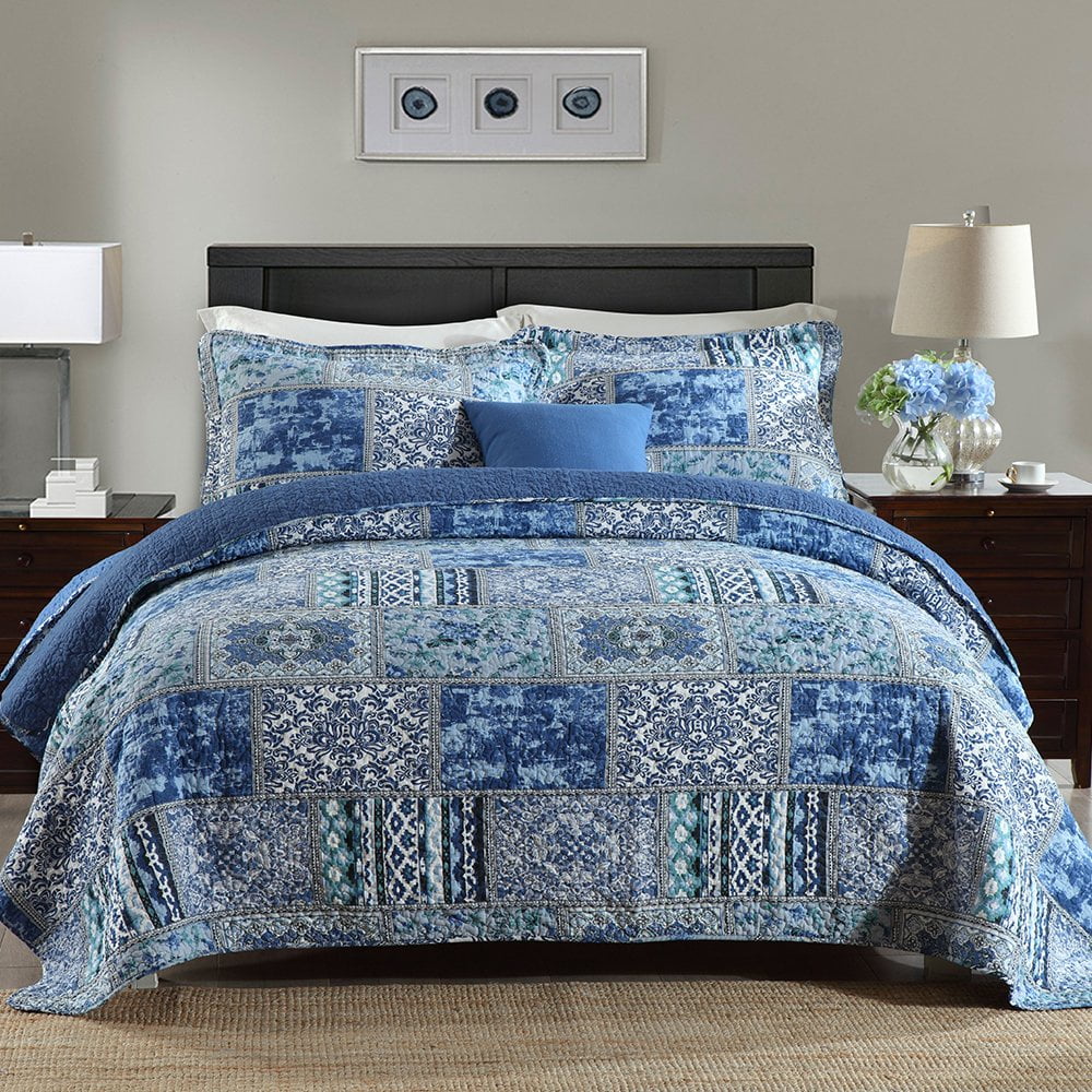 All-Season Quilt Comforter Cotton Bedding Set With Shams, Vintage Blue, King - Cloud-Like Soft Lightweight Bed Comforter - Default Title