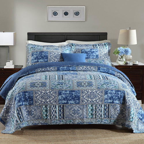 All-Season Quilt Comforter Cotton Bedding Set With Shams, Vintage Blue, King - Cloud-Like Soft Lightweight Bed Comforter - Default Title