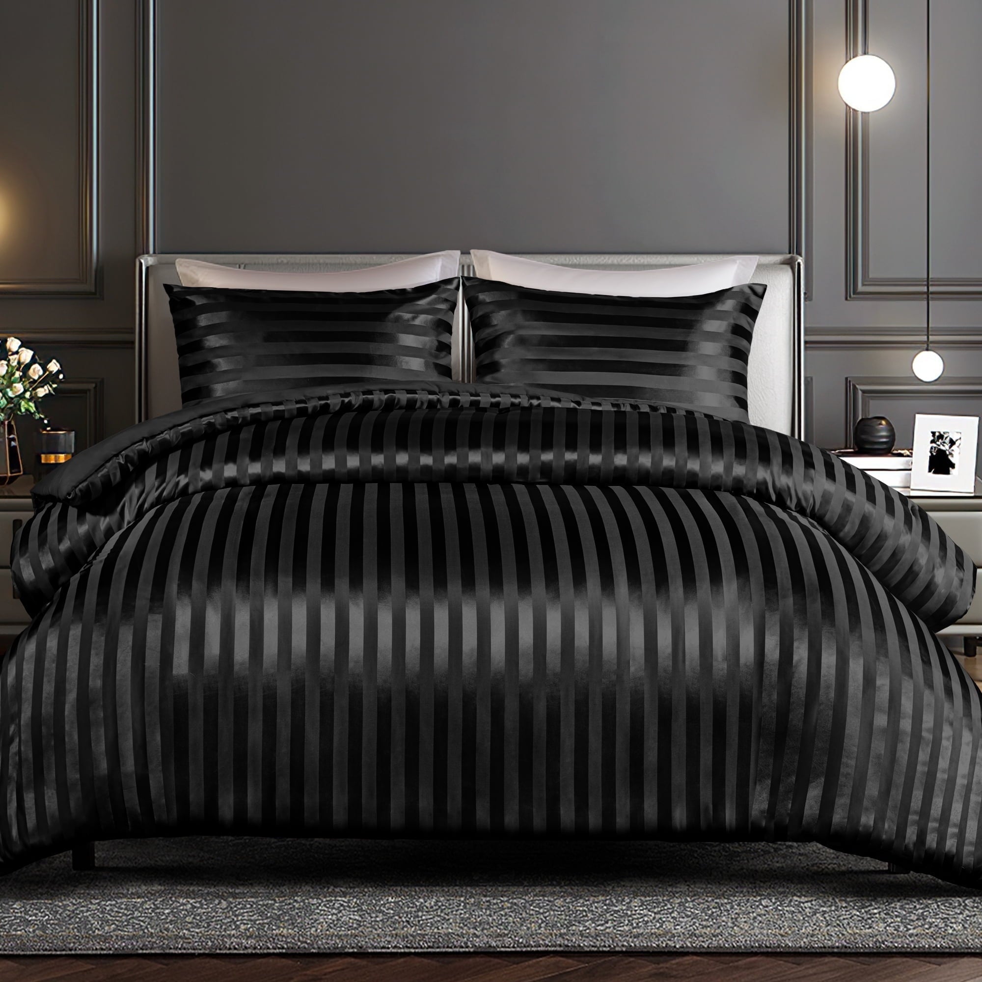 Heavyweight Warmth 3-Piece Reversible Silky Soft King Size Comforter Set, Luxury Stripe Satin Oversized Comforter Bedding Set with 2 Sat... - Cloud-Like Soft Lightweight Bed Comforter - Default Title