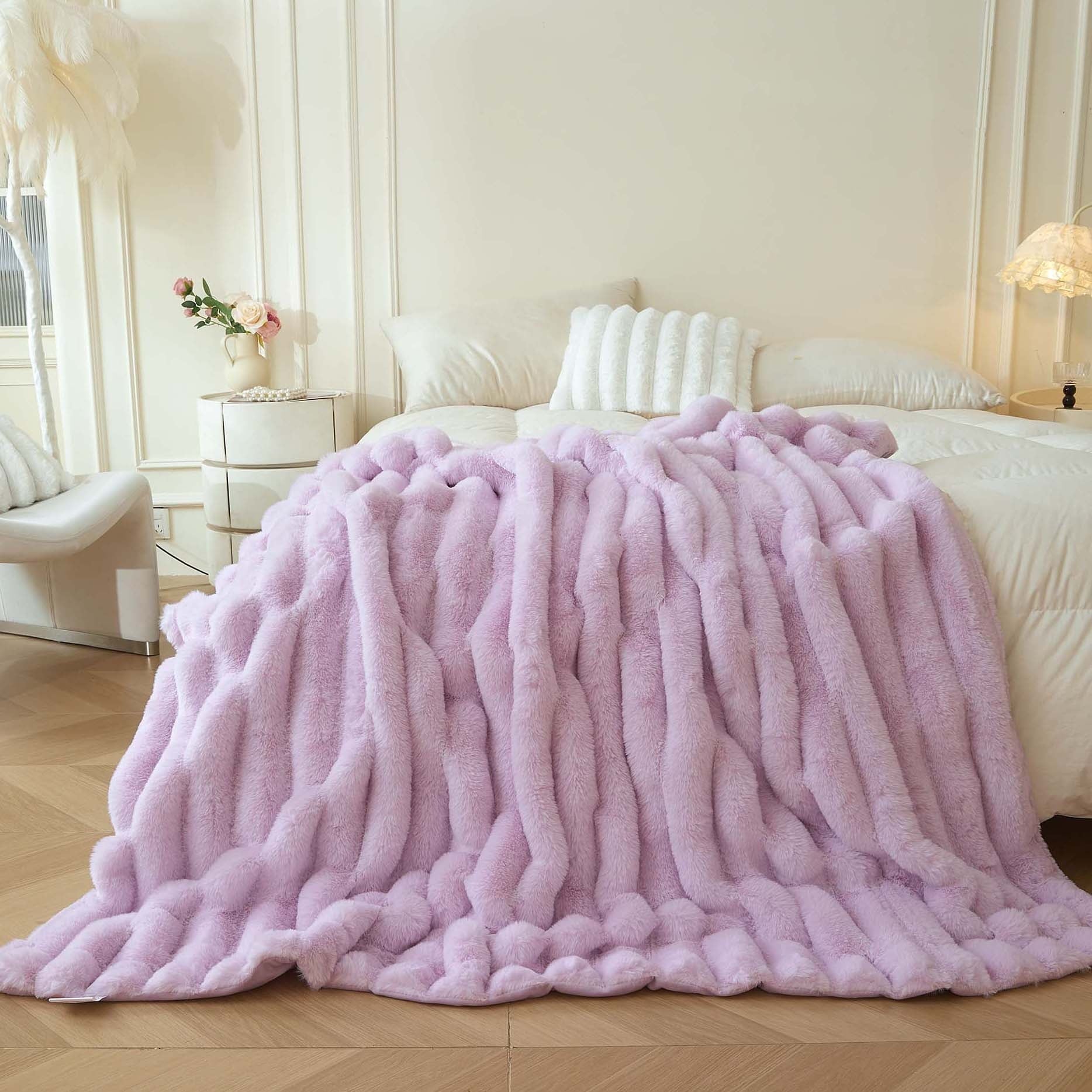Cozy Fleece Fluffy Faux Rabbit Fur Throw, Cozy Wide Stripe Plush Fuzzy Blanket for Bed Couch Sofa Chair, Light Purple Shaggy Thro... - Super Soft Reversible Sherpa Flannel Blanket - Default Title