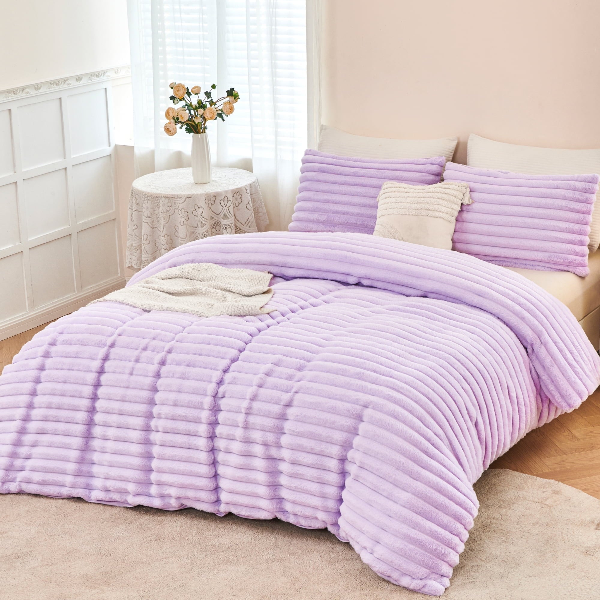 Fluffy Down Alternative Fleece Twin Comforter Set, Light Purple Super Soft Furry Plush Bedding, Luxury Fluffy Fuzzy Heavy Bed Set for Winter ... - Hypoallergenic Ultra-Fluffy Quilt for Winter - Default Title