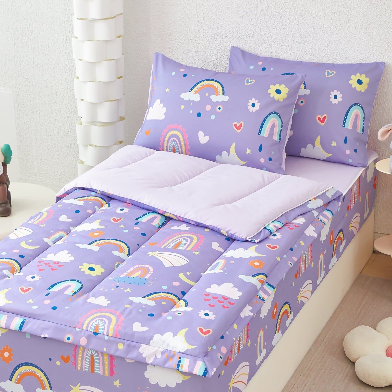 Heavyweight Warmth Zipper Kids Comforter Set, 3-Piece Purple Twin Bed in a Bag, Cartoon Rainbow Stars Flowers Printed Zip Up Comforter S... - Hypoallergenic Ultra-Fluffy Quilt for Winter - Default Title