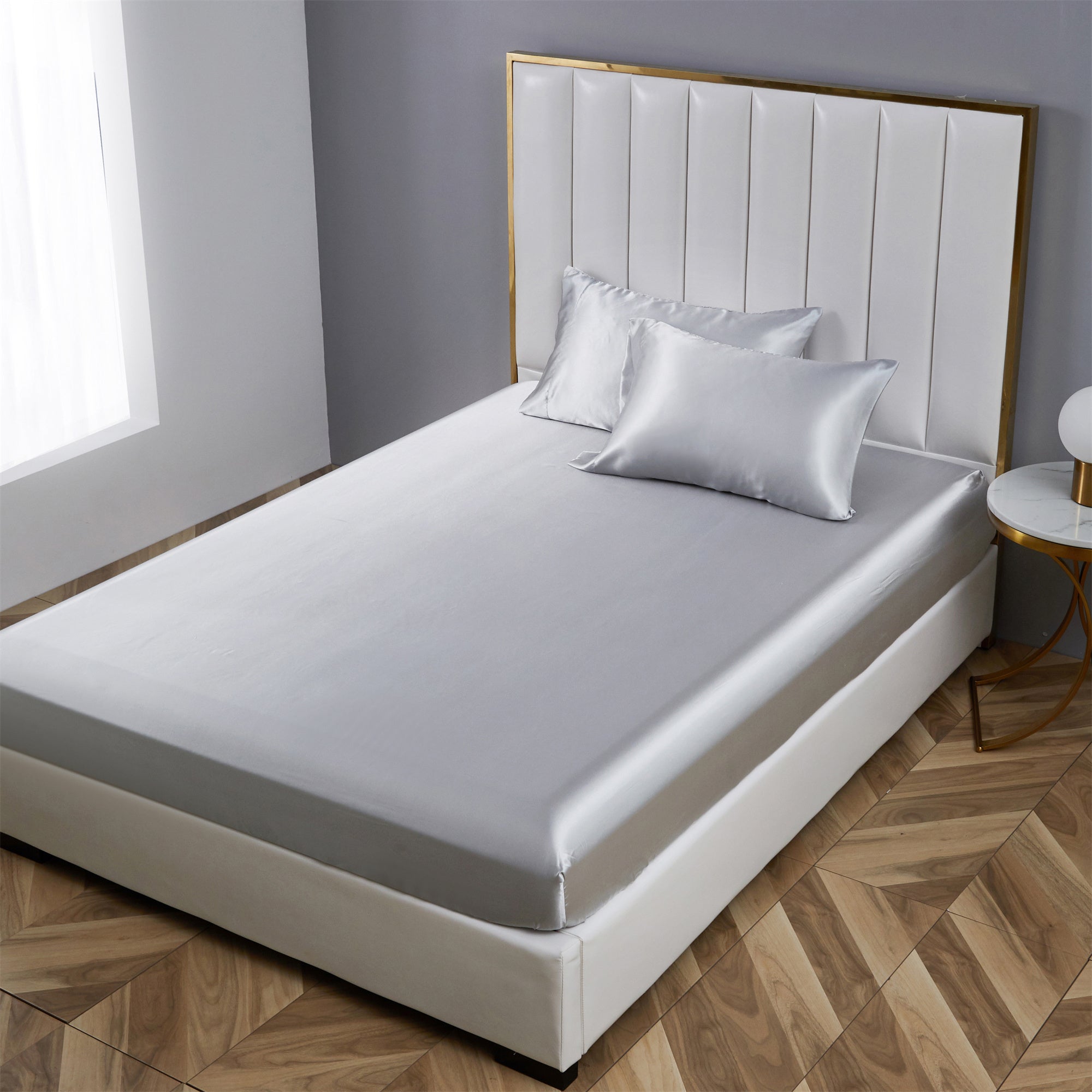Wrinkle-Resistant Satin Fitted Sheet King Size 14 Inch Deep Pocket Bed Sheet Silk Sheet Ultra Soft Machine Washable, Light Gray - Cooling Hotel Quality Bedding Sheets and Pillowcases Detail