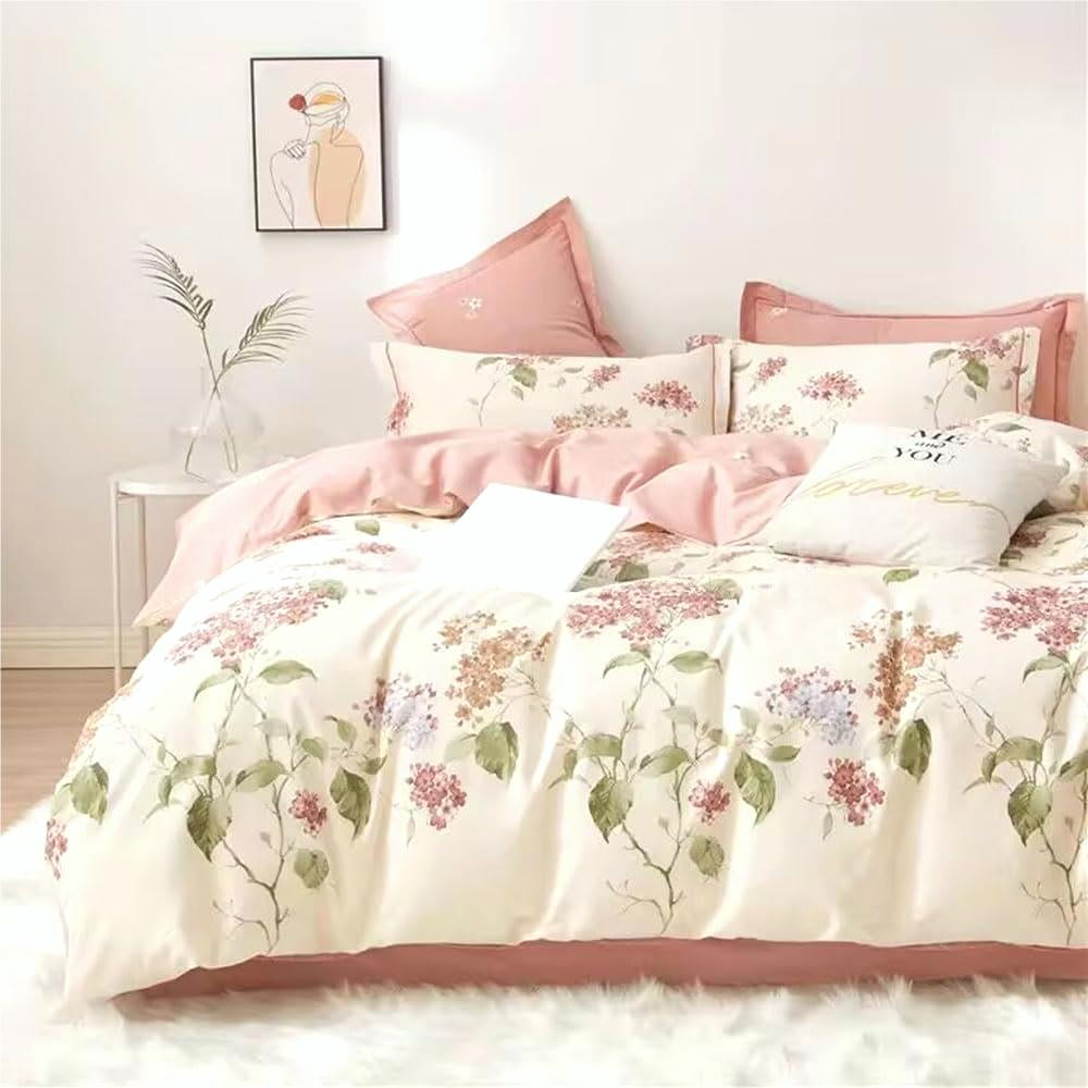 Luxurious Quilted White with Pink Flowers King Comforter Sets, 3 Pieces Chic Garden Style Reversible Bedding Sets for Adults All Season - Cloud-Like Soft Lightweight Bed Comforter Detail
