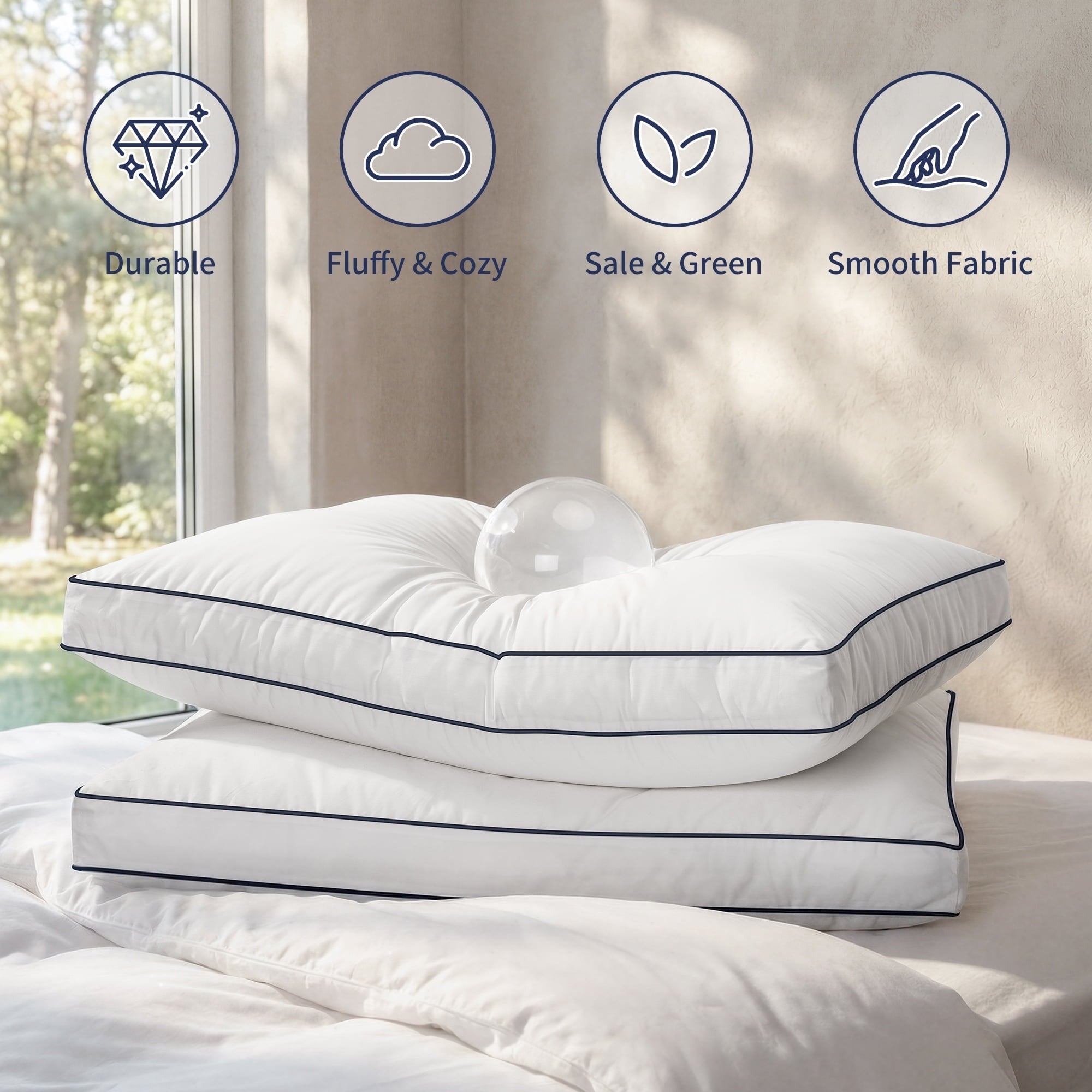 Decorative Plump for Queen Size 2 Pack, Duck Feather and Shredded Memory Foam Soft Luxury Hotel Collection - Hotel Quality Plush Sleeping Pillows Detail