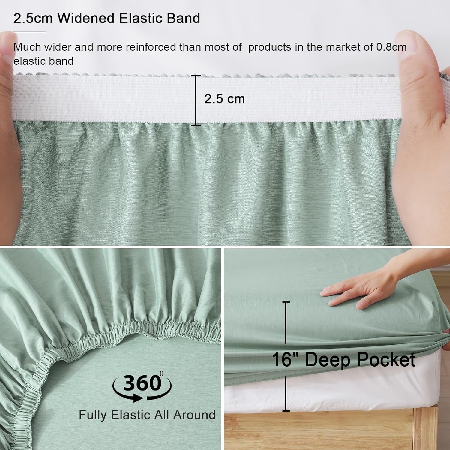 Premium Egyptian Cotton Bamboo Bed Sheet Sets, 4 Pieces King Silky Soft Bedding Sheets, 1800 Thread Count 16 Inch Deep Pockets, Sage Green - Luxury Bed Sheet Set with Deep Pockets Detail
