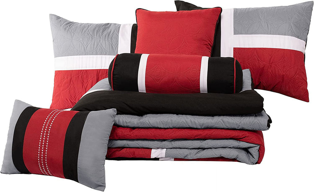 All-Season 7-Piece Medallion Patchwork Comforter Set, Full, Red/Gray/Black - Hypoallergenic Ultra-Fluffy Quilt for Winter Detail