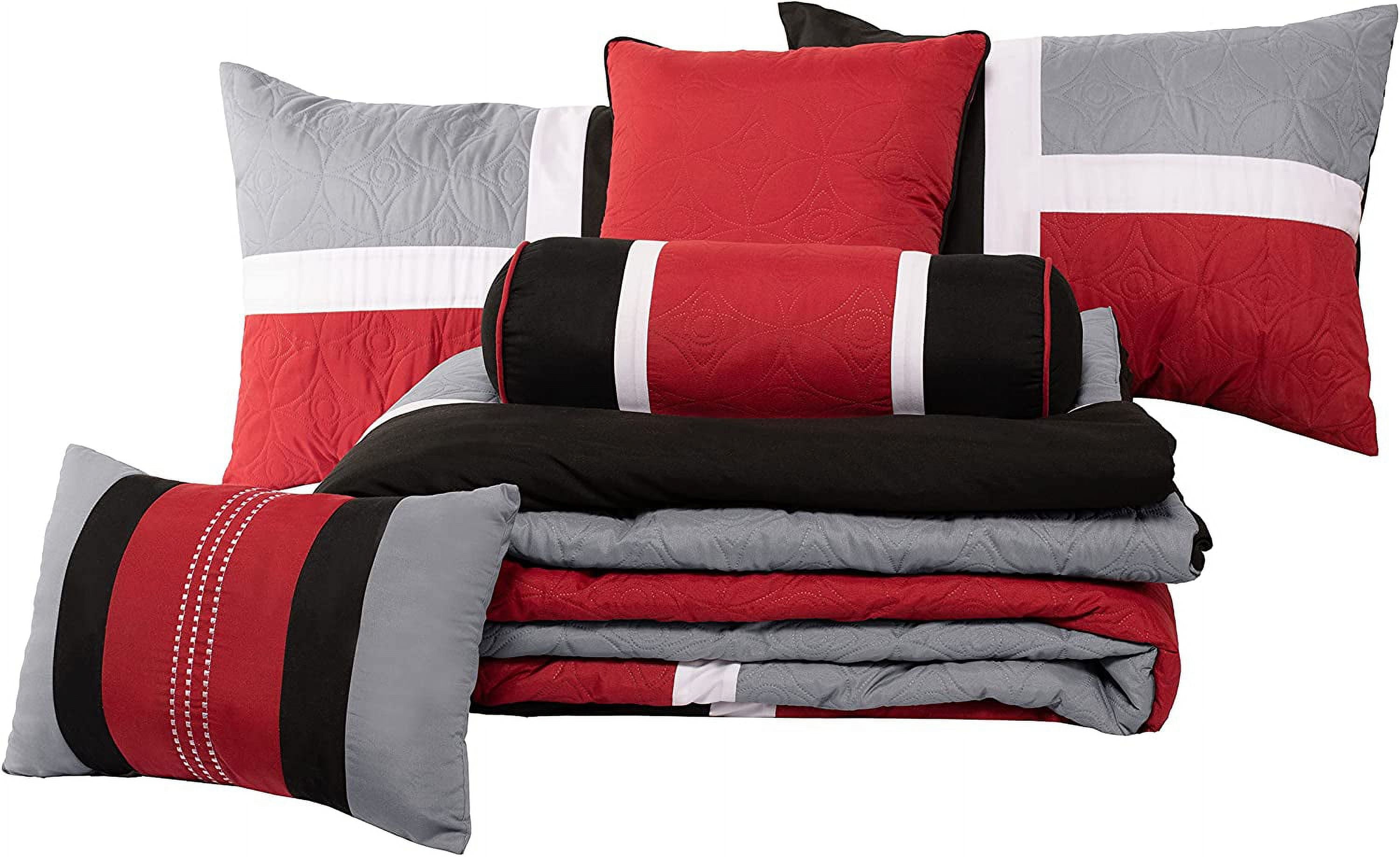 All-Season 7-Piece Medallion Patchwork Comforter Set, Full, Red/Gray/Black - Hypoallergenic Ultra-Fluffy Quilt for Winter Detail