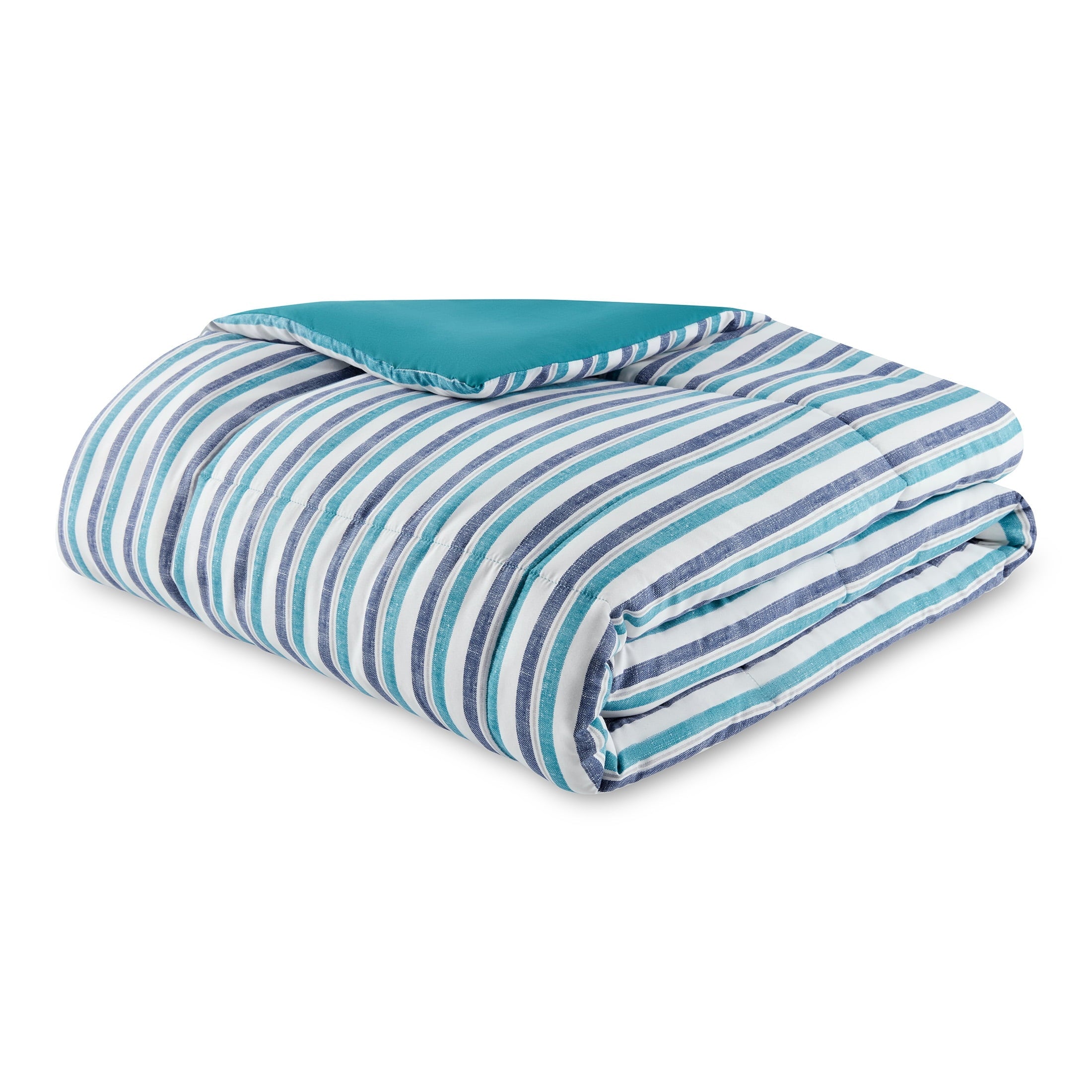 Fluffy Down Alternative All in One Reversible Comforter and Sheet Set- 7 Piece, Queen, Blue Pinstripe - All-Season Down Alternative Comforter Insert Detail