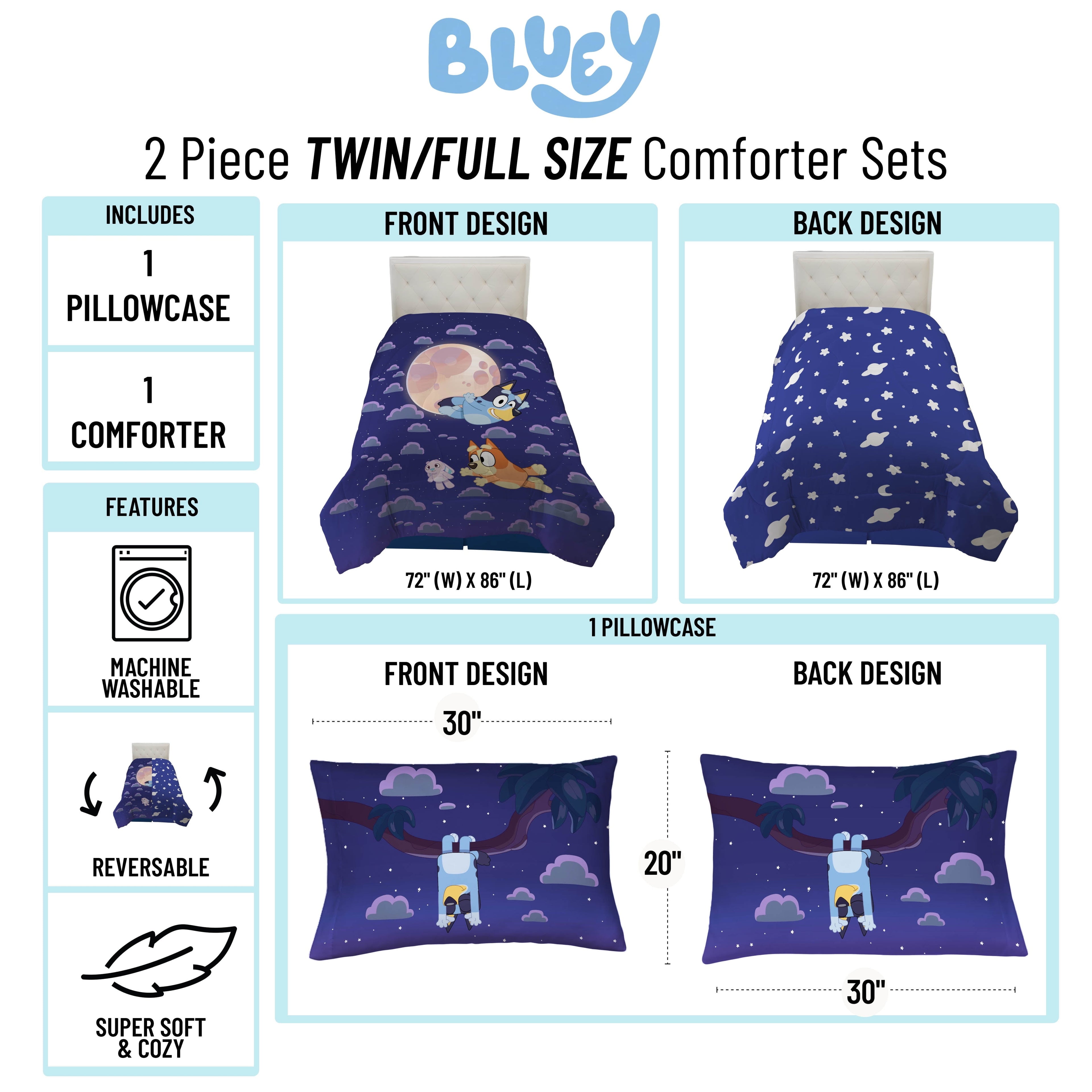 All-Season Dream Kids 2 Piece Blue Reversible Comforter and Pillowcase Bedding Set, Twin/Full - Luxurious Quilted Duvet Cover Set Detail