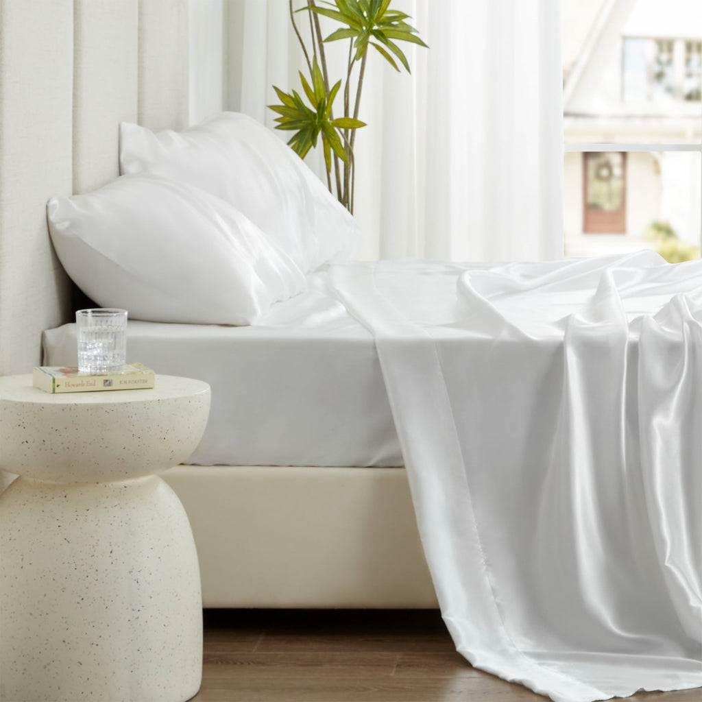 Cooling Sateen Satin Sheets Full Sheet Set Deep Pocket Luxury Silky Bed Sheets for Hair and Skin 4 Pieces, White - Cooling Hotel Quality Bedding Sheets and Pillowcases Detail