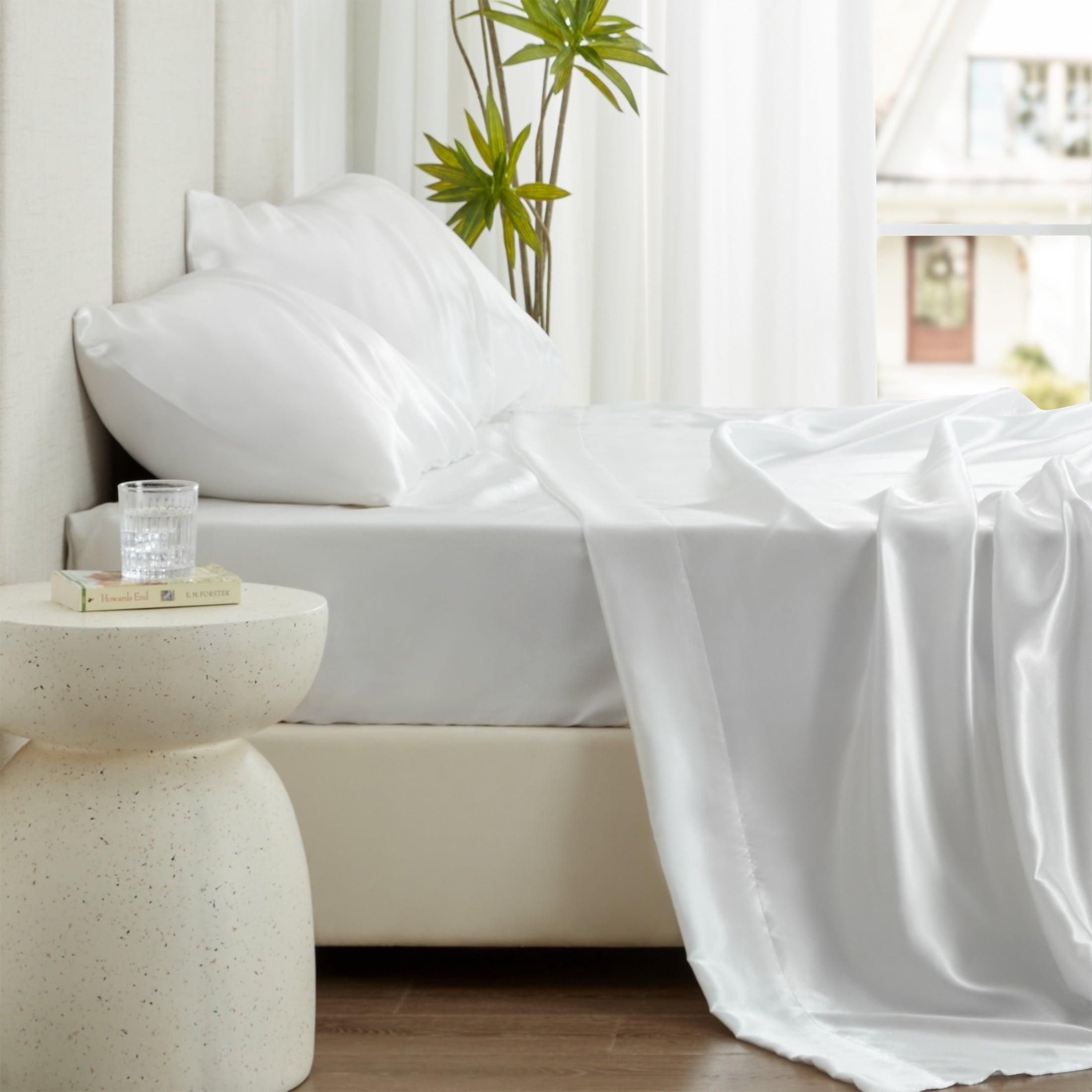 Cooling Sateen Satin Sheets Full Sheet Set Deep Pocket Luxury Silky Bed Sheets for Hair and Skin 4 Pieces, White - Cooling Hotel Quality Bedding Sheets and Pillowcases Detail