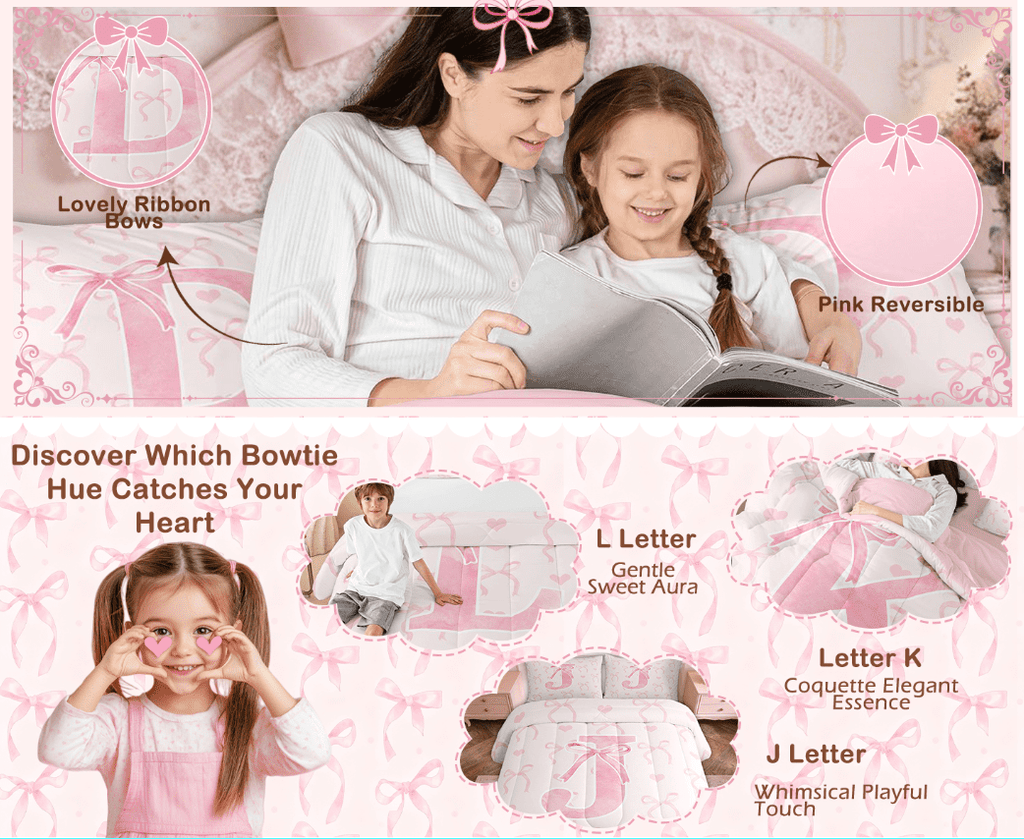 Heavyweight Warmth Kawaii Bowknot Bedding Sets Full with Comforter, Initial H Duvet Insert, Romantic Initial A-Z Decor, Reversible - Hypoallergenic Ultra-Fluffy Quilt for Winter Detail