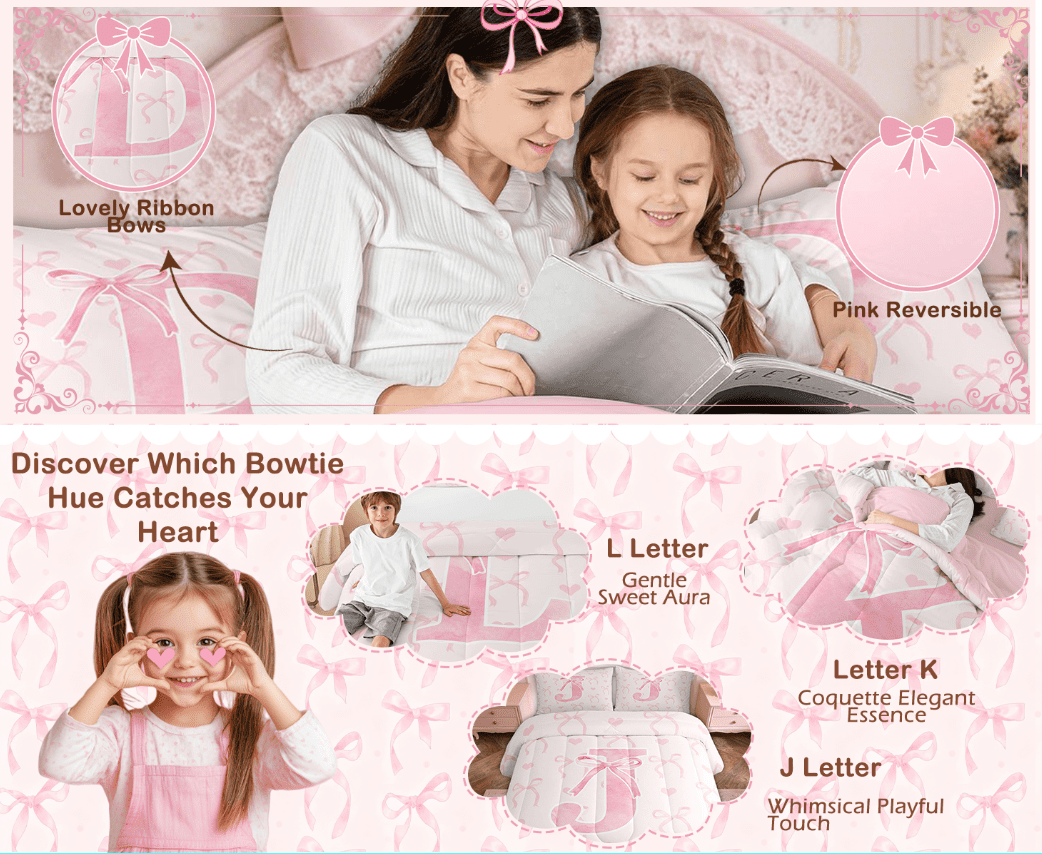 Heavyweight Warmth Kawaii Bowknot Bedding Sets Full with Comforter, Initial H Duvet Insert, Romantic Initial A-Z Decor, Reversible - Hypoallergenic Ultra-Fluffy Quilt for Winter Detail