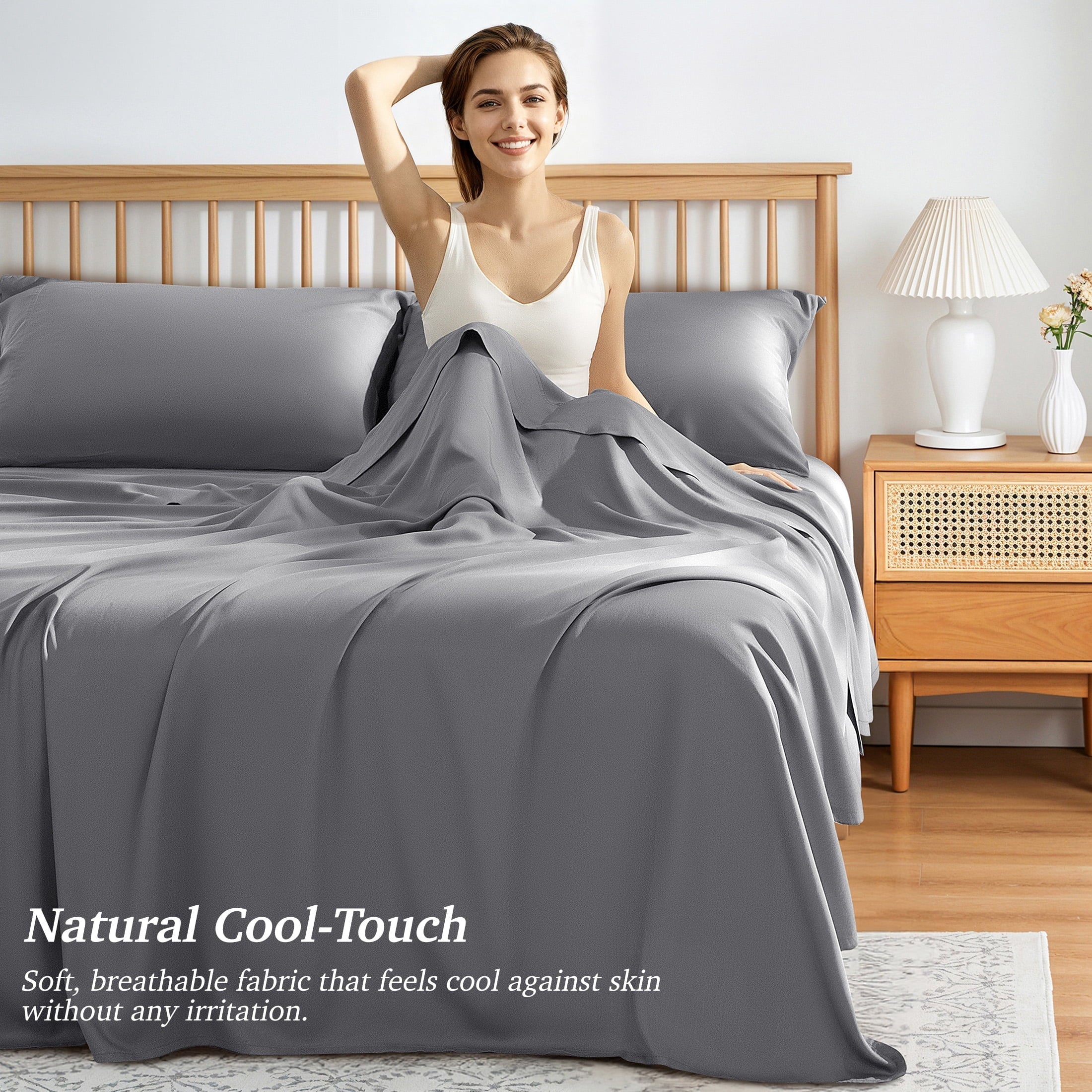 Premium Egyptian Cotton Bamboo Queen Sheet Set, Luxury Soft 4 Pieces Bed Sheets with 18" Deep Pocket, Gray - Luxury Bed Sheet Set with Deep Pockets Detail