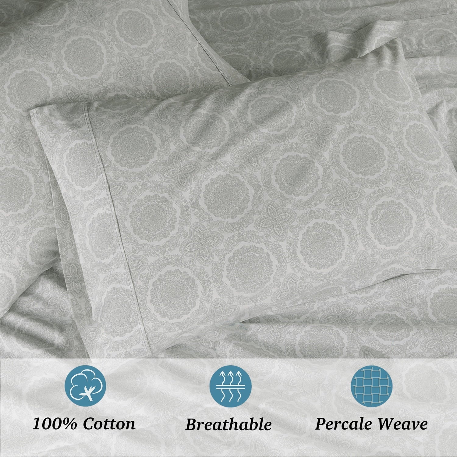 Breathable Luxury 100% Cotton Queen Sheets Set, 4 Piece Bed Sheets Set with HeiQ Fresh, Percale Weave, Hotel Luxury, Ultra Soft Sheets ... - Luxury Bed Sheet Set with Deep Pockets Detail