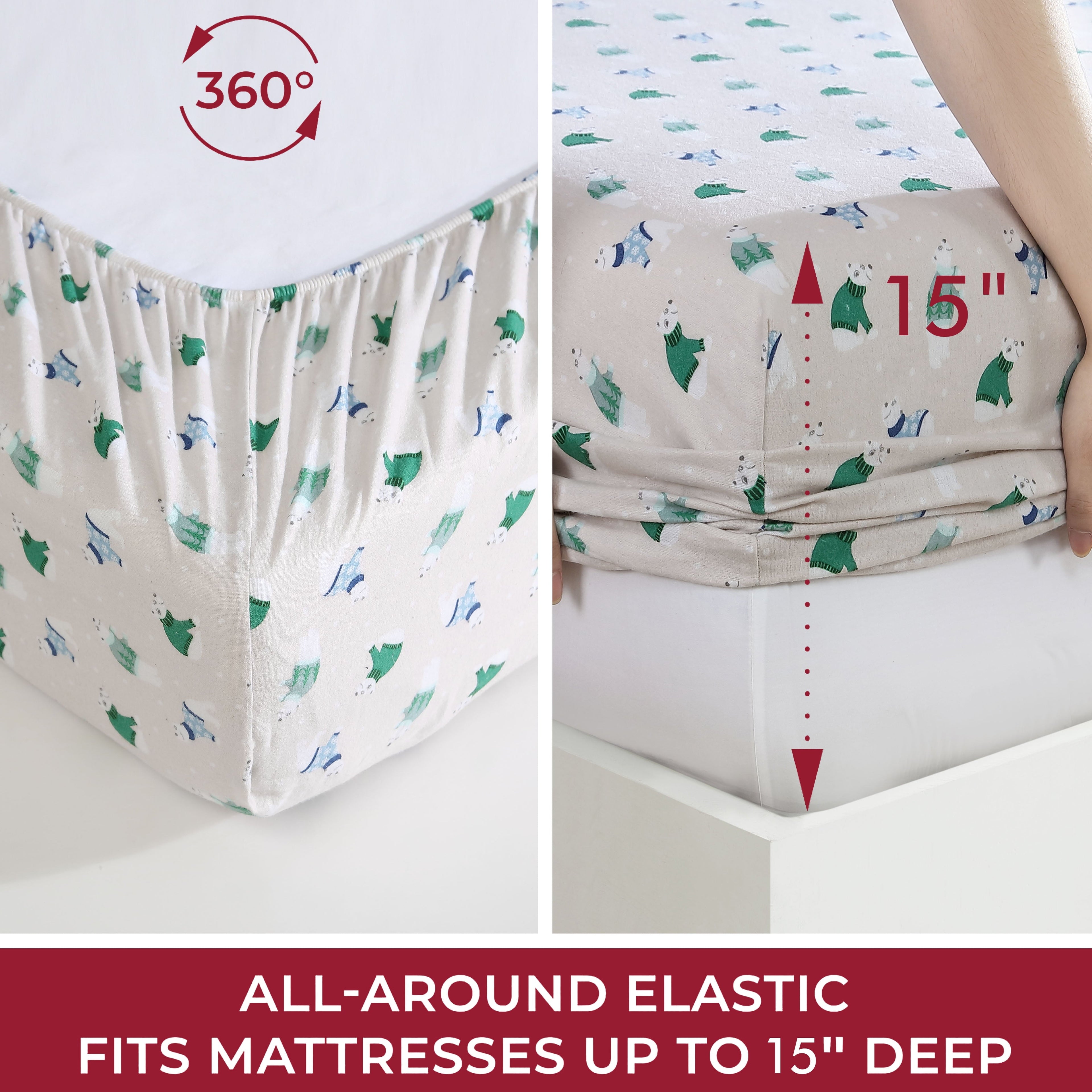 Breathable Luxury Winter Nights Cotton Flannel Sheet Set, King, Holiday Bears - Breathable Egyptian Cotton Flat & Fitted Sheets Detail