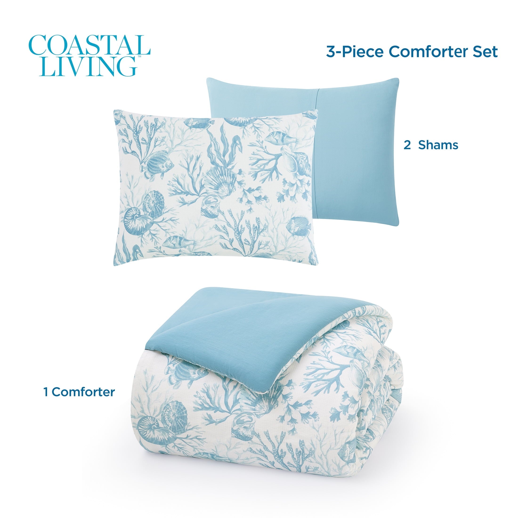 All-Season 3-Piece Lightweight 100% Cotton Blue & White Ocean Print Comforter Set, Full/Queen - Hypoallergenic Ultra-Fluffy Quilt for Winter Detail
