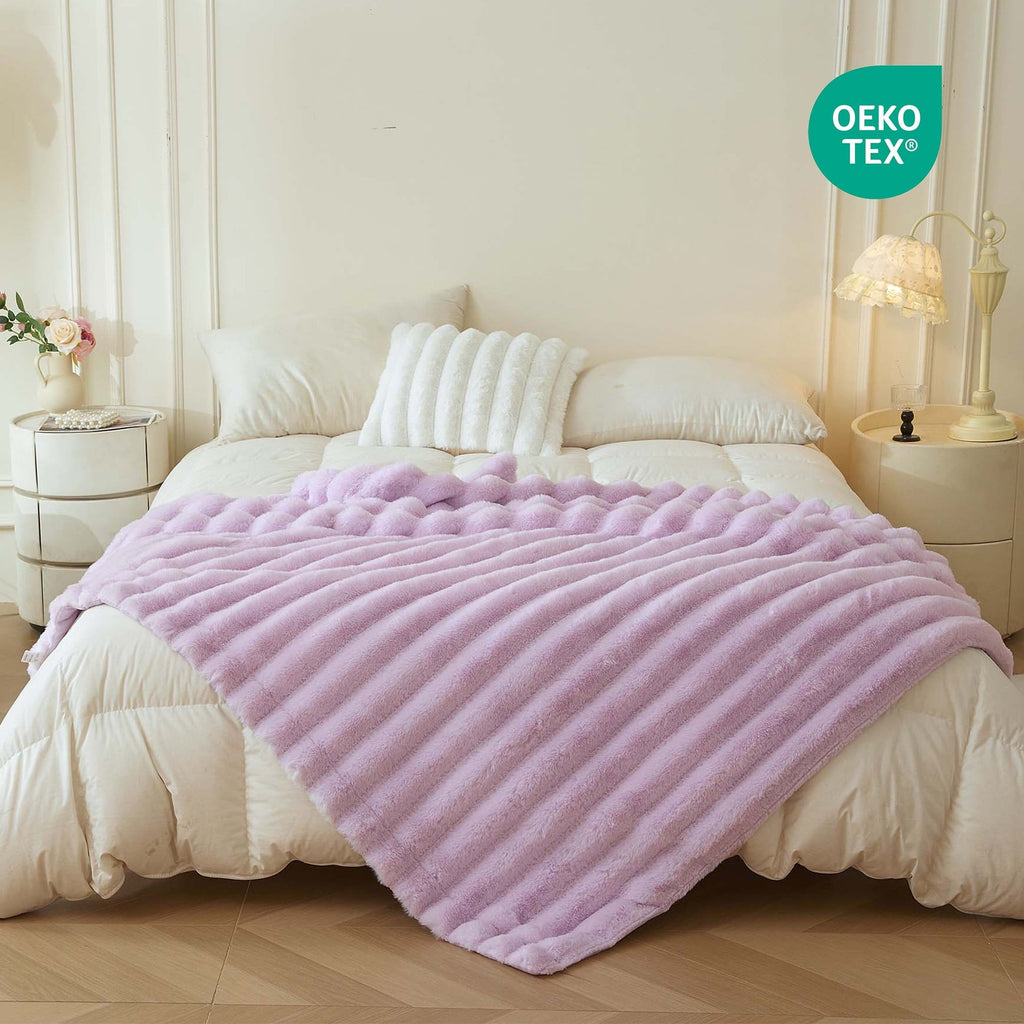 Cozy Fleece Fluffy Faux Rabbit Fur Throw, Cozy Wide Stripe Plush Fuzzy Blanket for Bed Couch Sofa Chair, Light Purple Shaggy Thro... - Super Soft Reversible Sherpa Flannel Blanket Detail