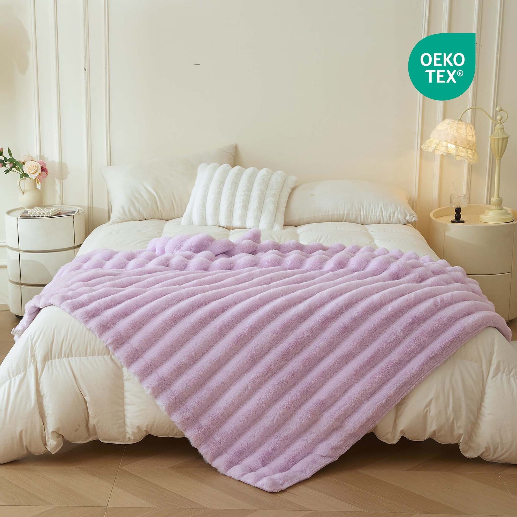 Cozy Fleece Fluffy Faux Rabbit Fur Throw, Cozy Wide Stripe Plush Fuzzy Blanket for Bed Couch Sofa Chair, Light Purple Shaggy Thro... - Super Soft Reversible Sherpa Flannel Blanket Detail