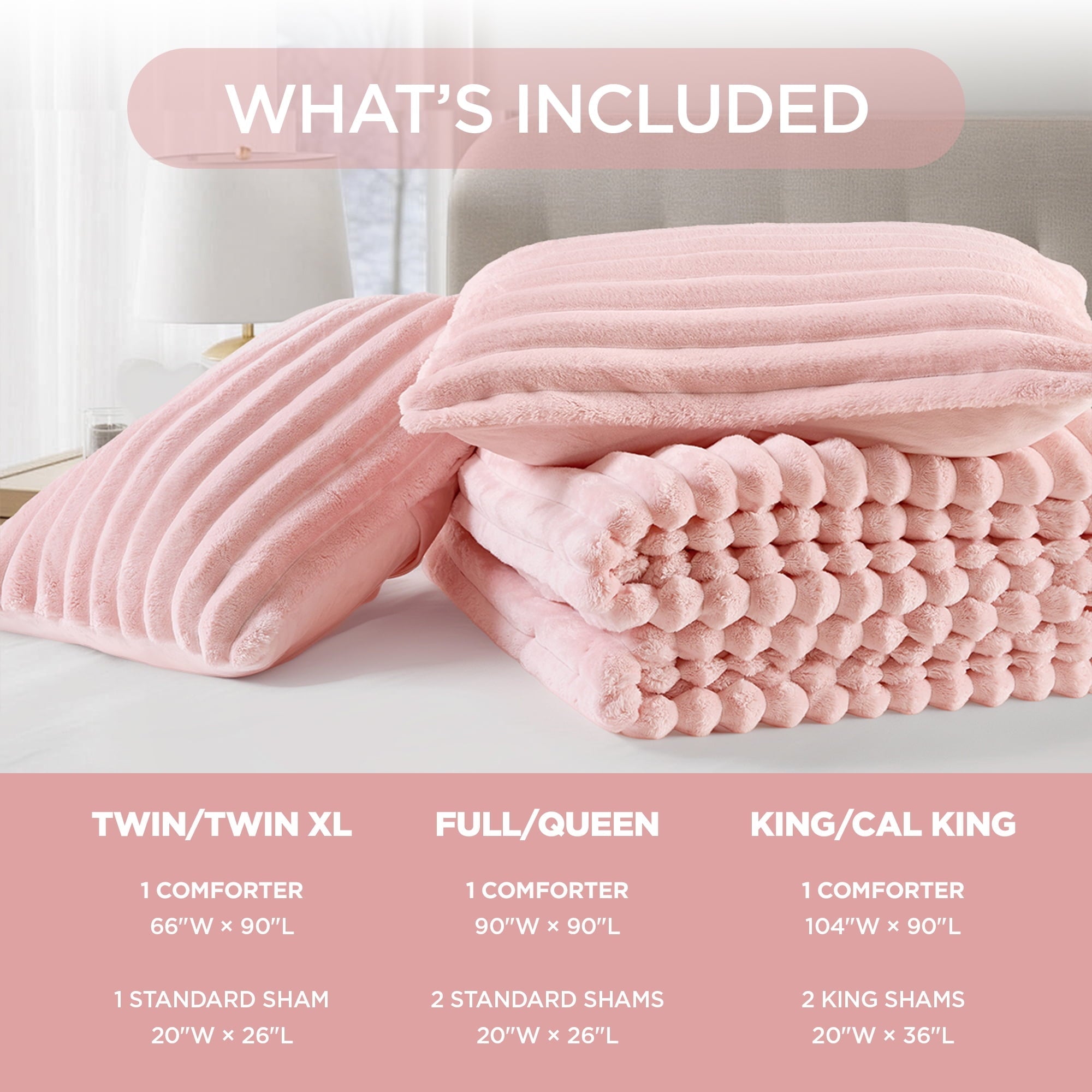 Fluffy Down Alternative Full/Queen Size Comforter Set, Fluffy Ribbed Plush Comforter Set, 3-Piece Bedding Set, Pink - Cloud-Like Soft Lightweight Bed Comforter Detail