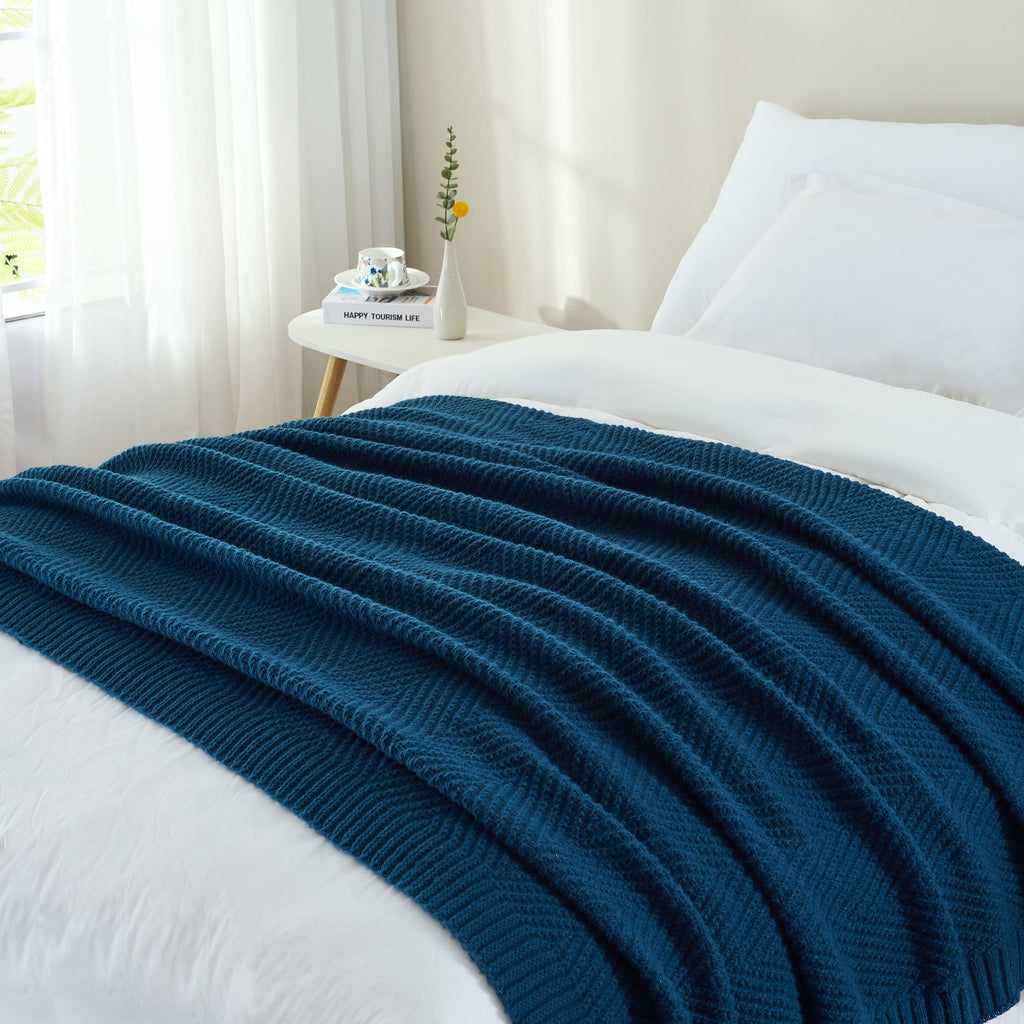 Super Soft Flannel Soft Knitted Throw Blanket 50" x 60" Navy Blue, Boho Chevron Farmhouse Throw for Bed Couch - Luxury Knitted Decorative Throw Blanket with Fringes Detail