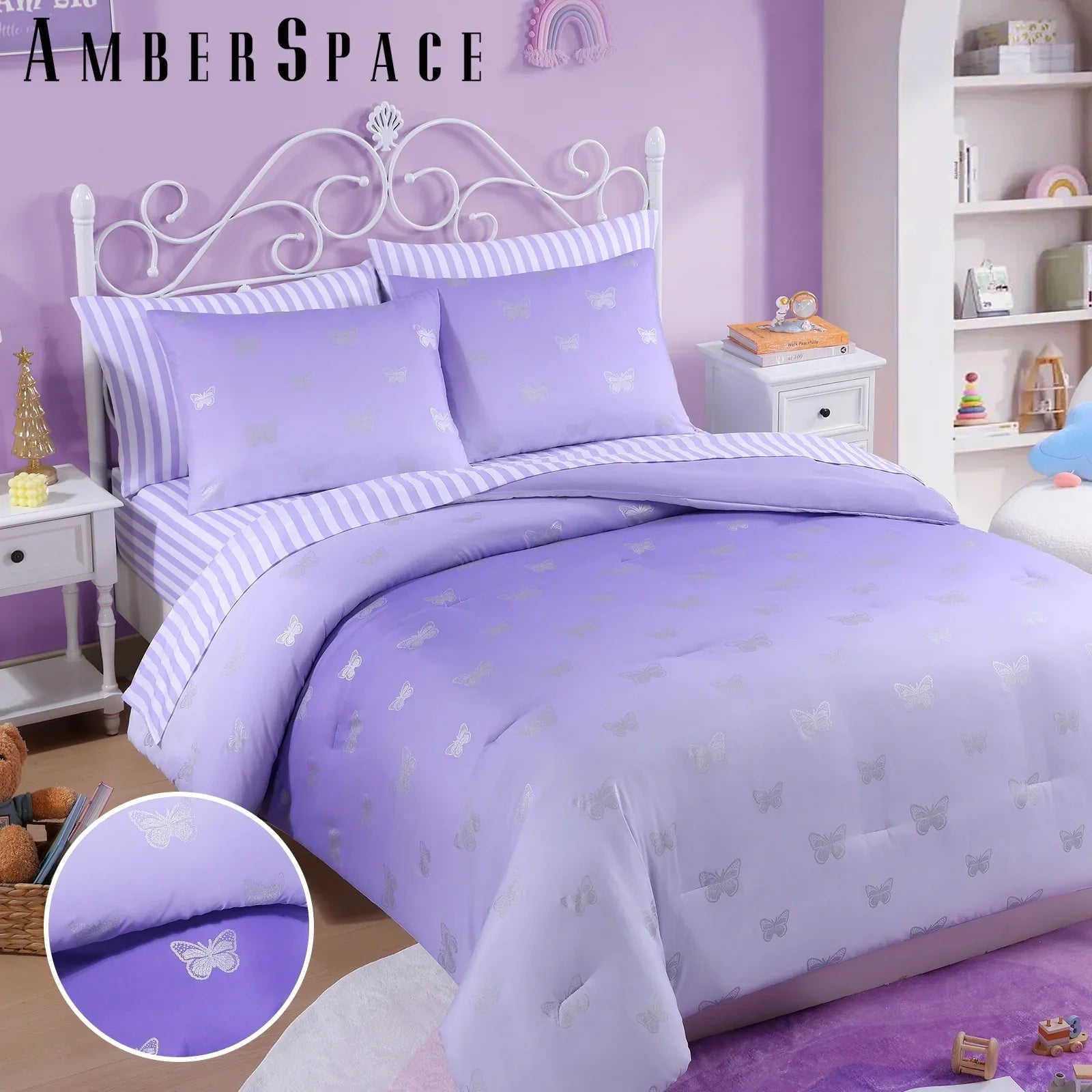 Luxurious Quilted gold foil Design 7-piece Bed in a Bag Comforter Set with Sheets,Purple/Silver Butterflies,Full - Hypoallergenic Ultra-Fluffy Quilt for Winter Detail