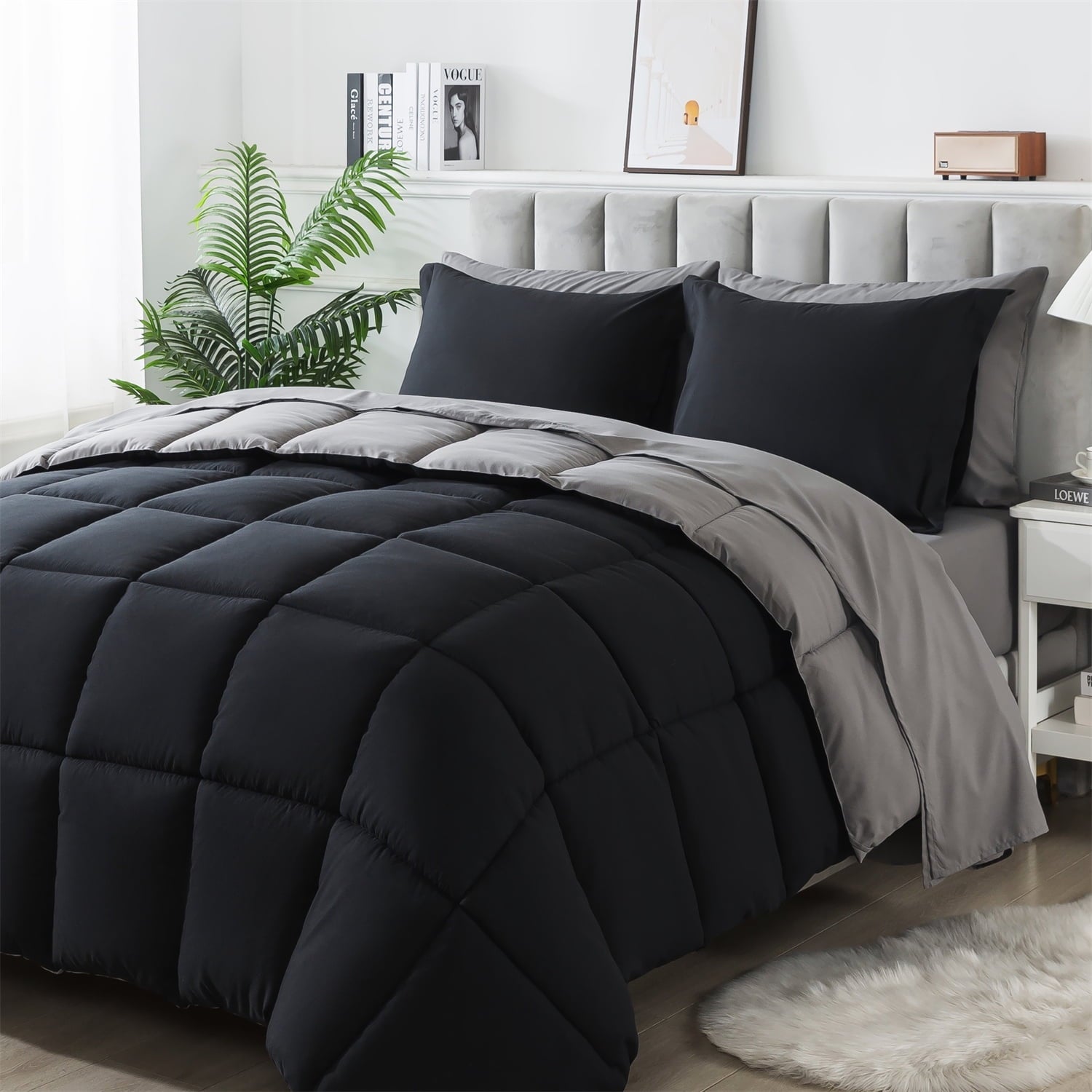Luxurious Quilted Queen Size 7 Piece Comforter Set | Bed in a Bag for Unisex Adult | Black/Gray - Luxurious Quilted Duvet Cover Set Detail